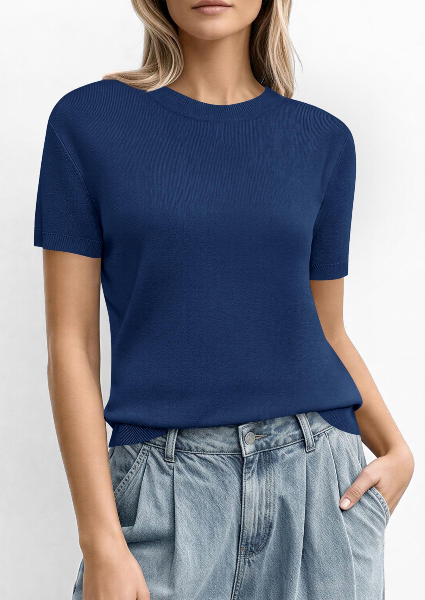 Women's Short Sleeve Sweaters Summer Tops,Navy Blue,S