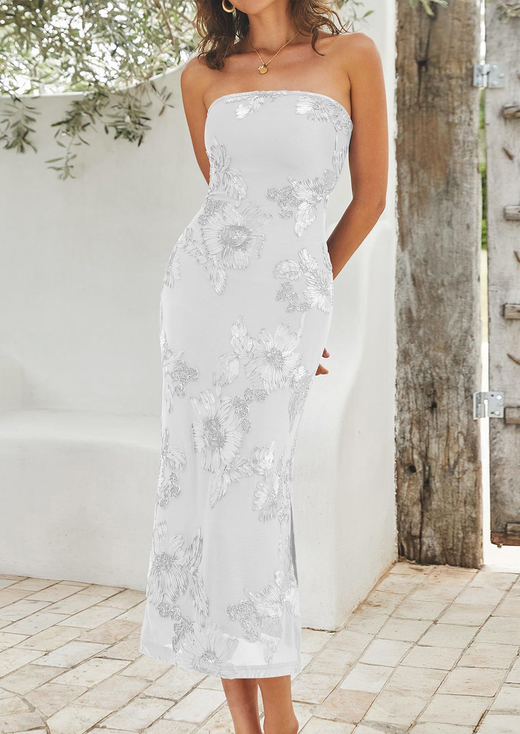 Women's Summer Wedding Guest Floral Midi Dress, White,XS