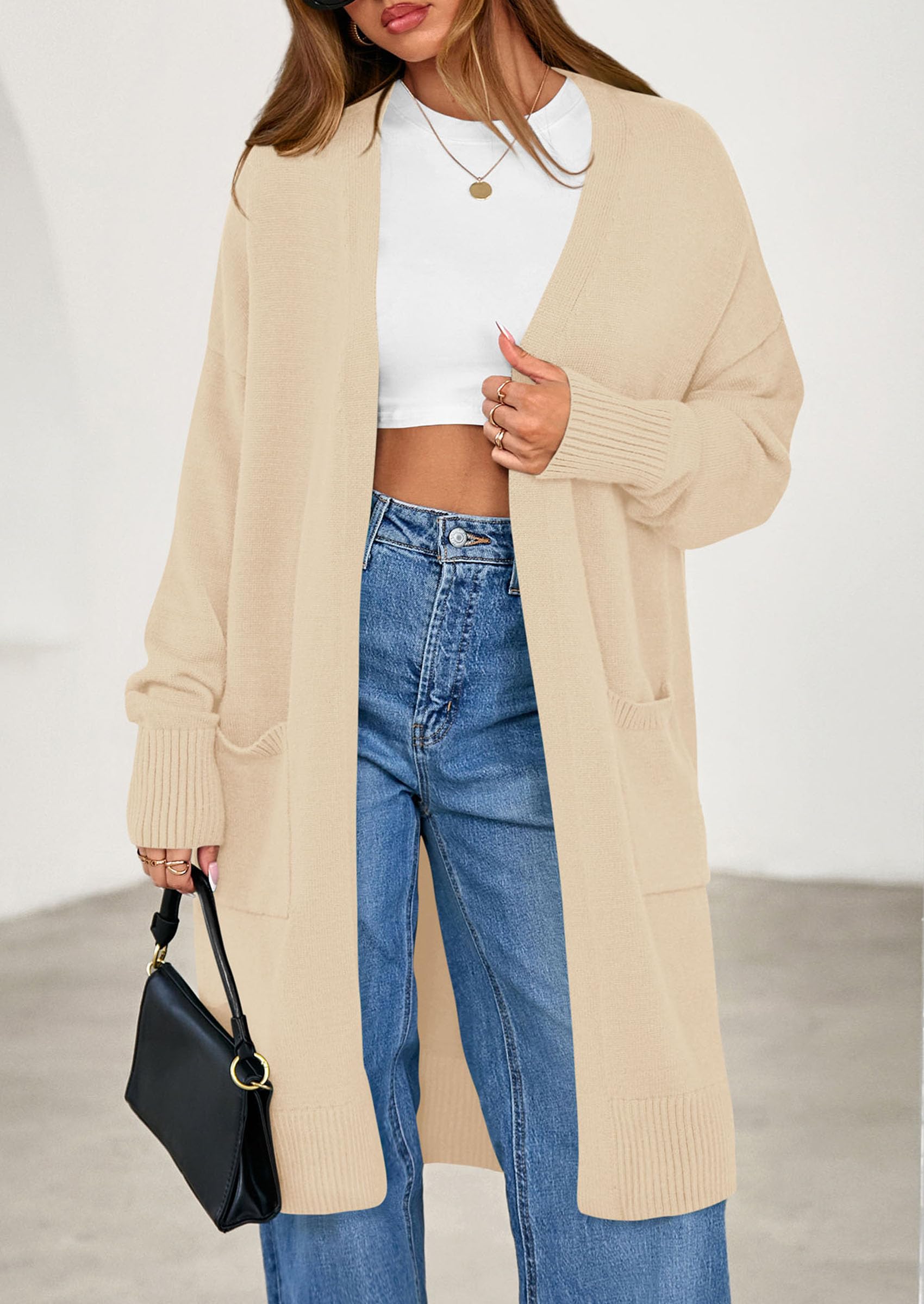 Women's Oversized Open Front Long Knit Cardigan,Apricot,L