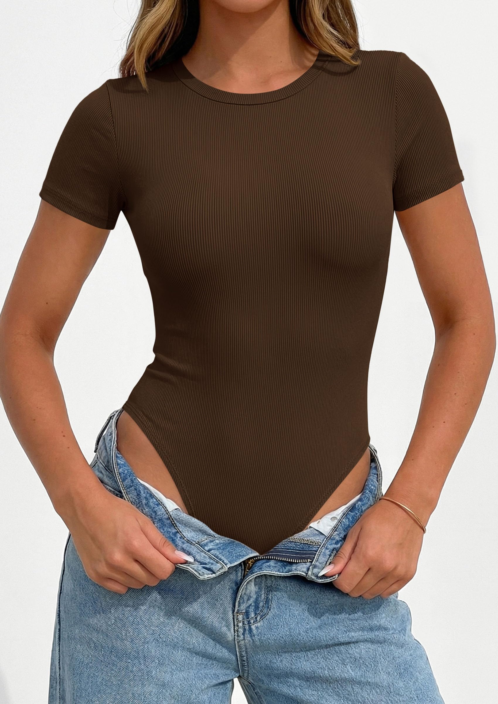Body Suits for Womens Short Sleeve Summer Tops, Brown,XS