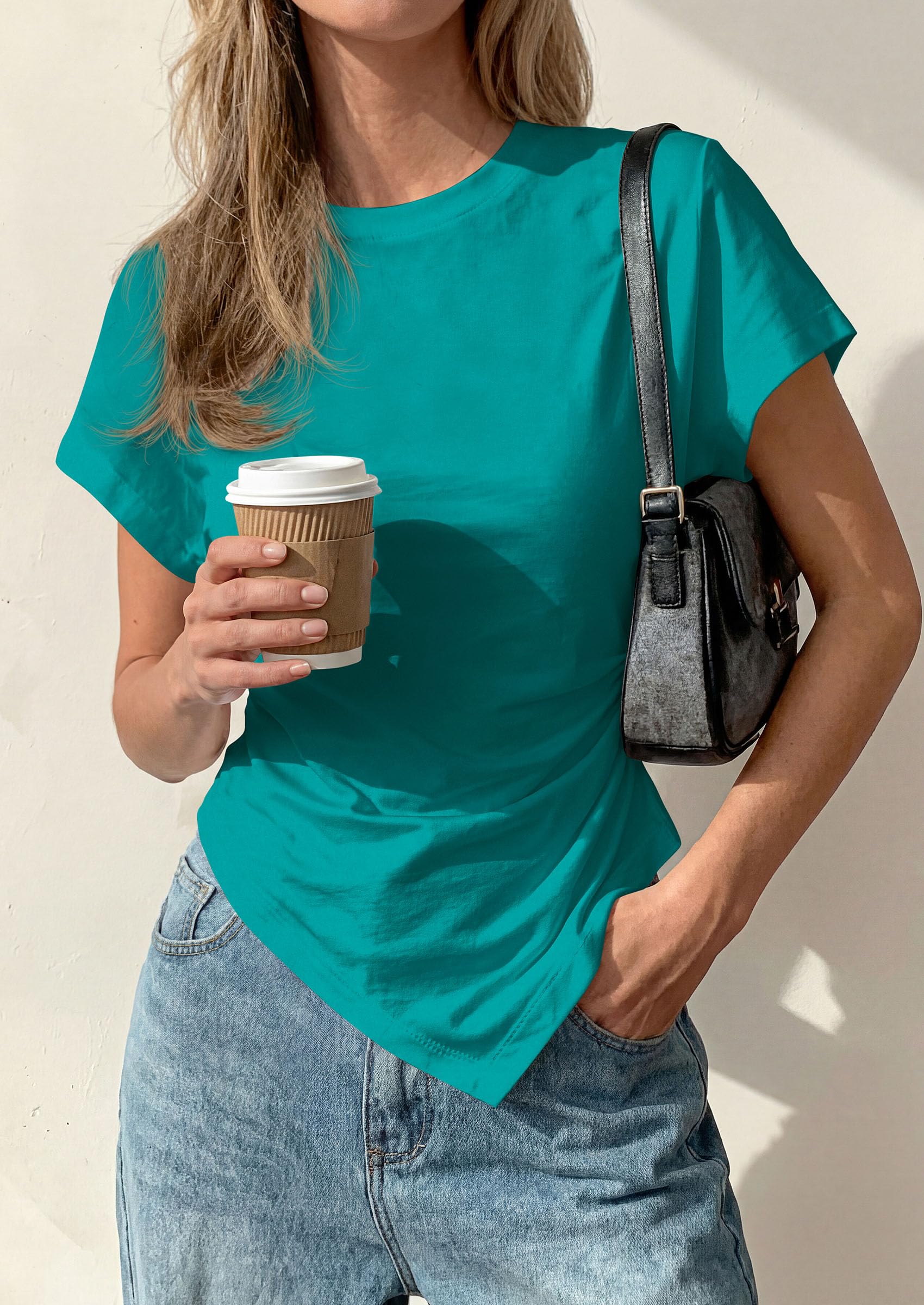 Womens Asymmetrical Summer Short Sleeve Tops,Green,XS