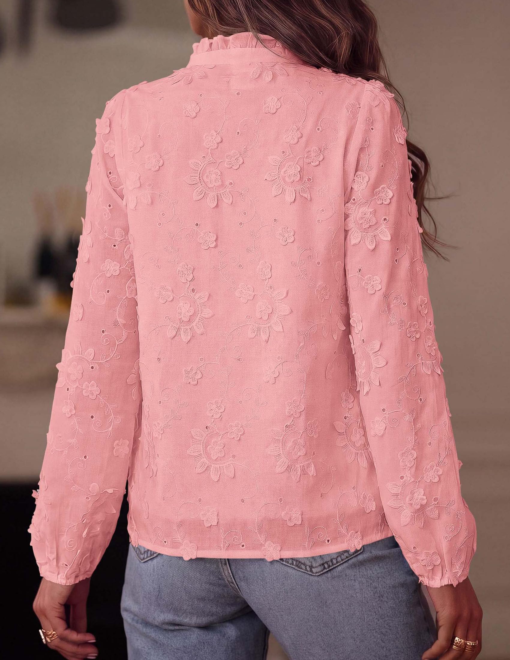 Women's Floral Embroidered Button Down Shirts Work Blouses