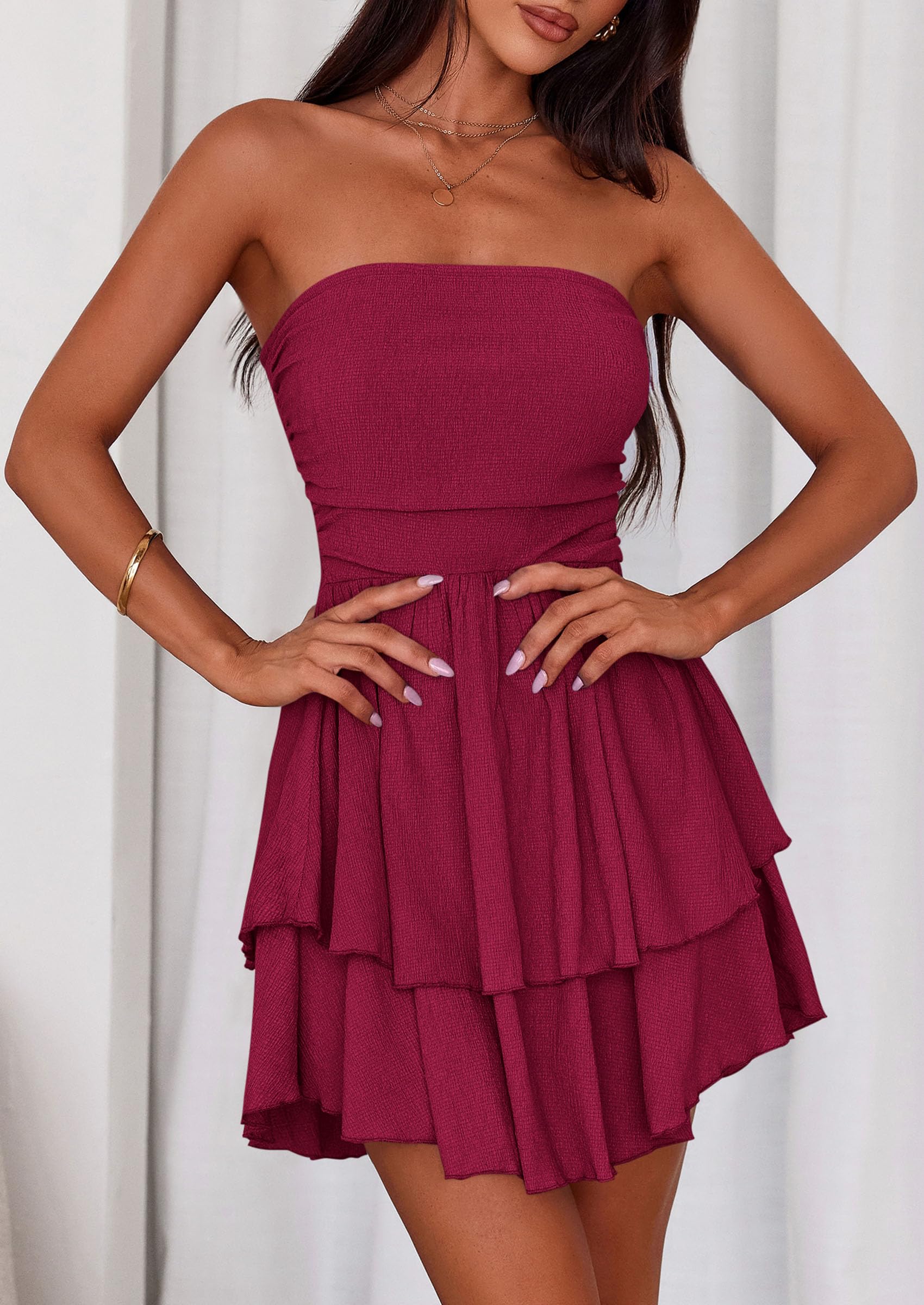 Women's Summer Strapless Flowy Mini Dresses (Burgundy,S)