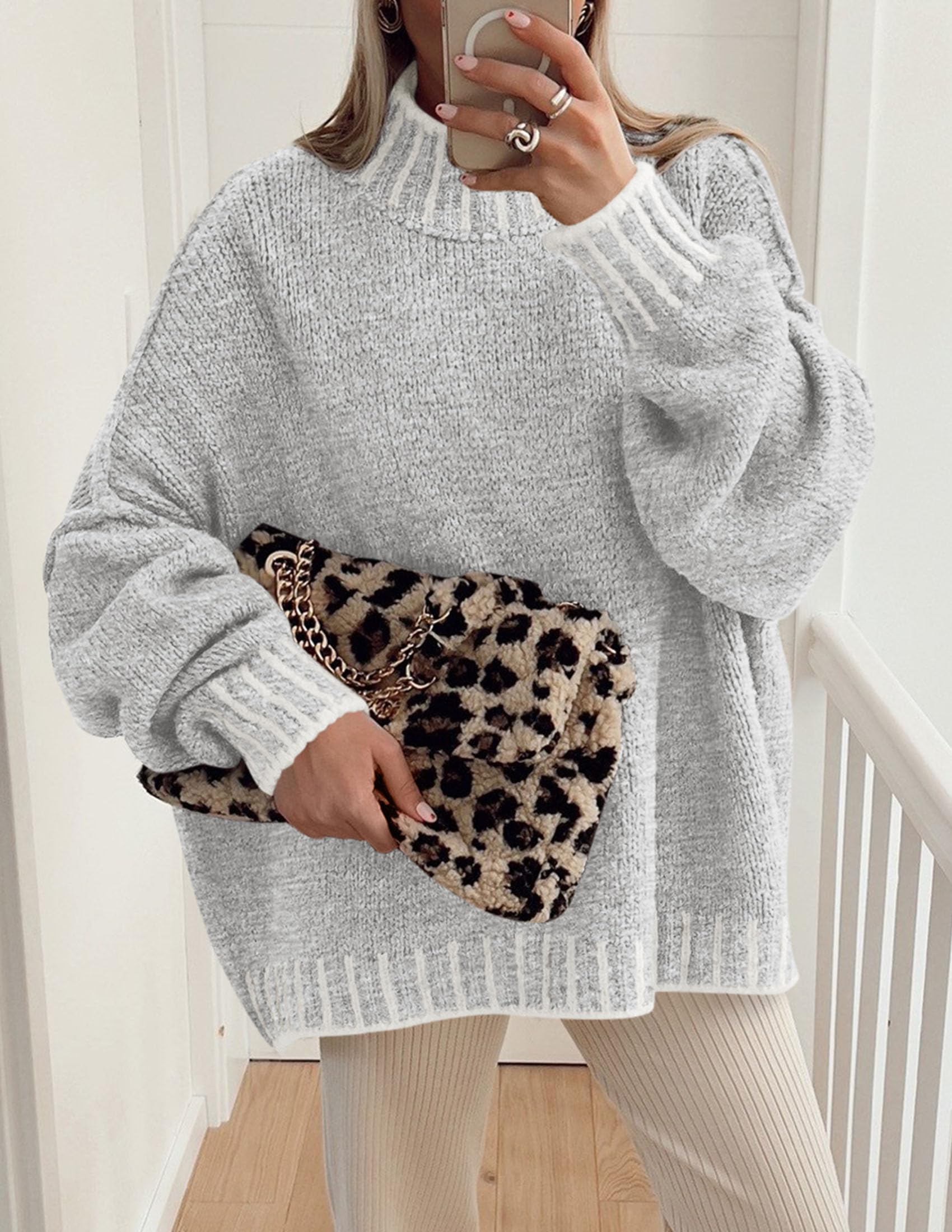 Women's Mock Neck Oversized Pullover Sweaters,Light Grey,XS