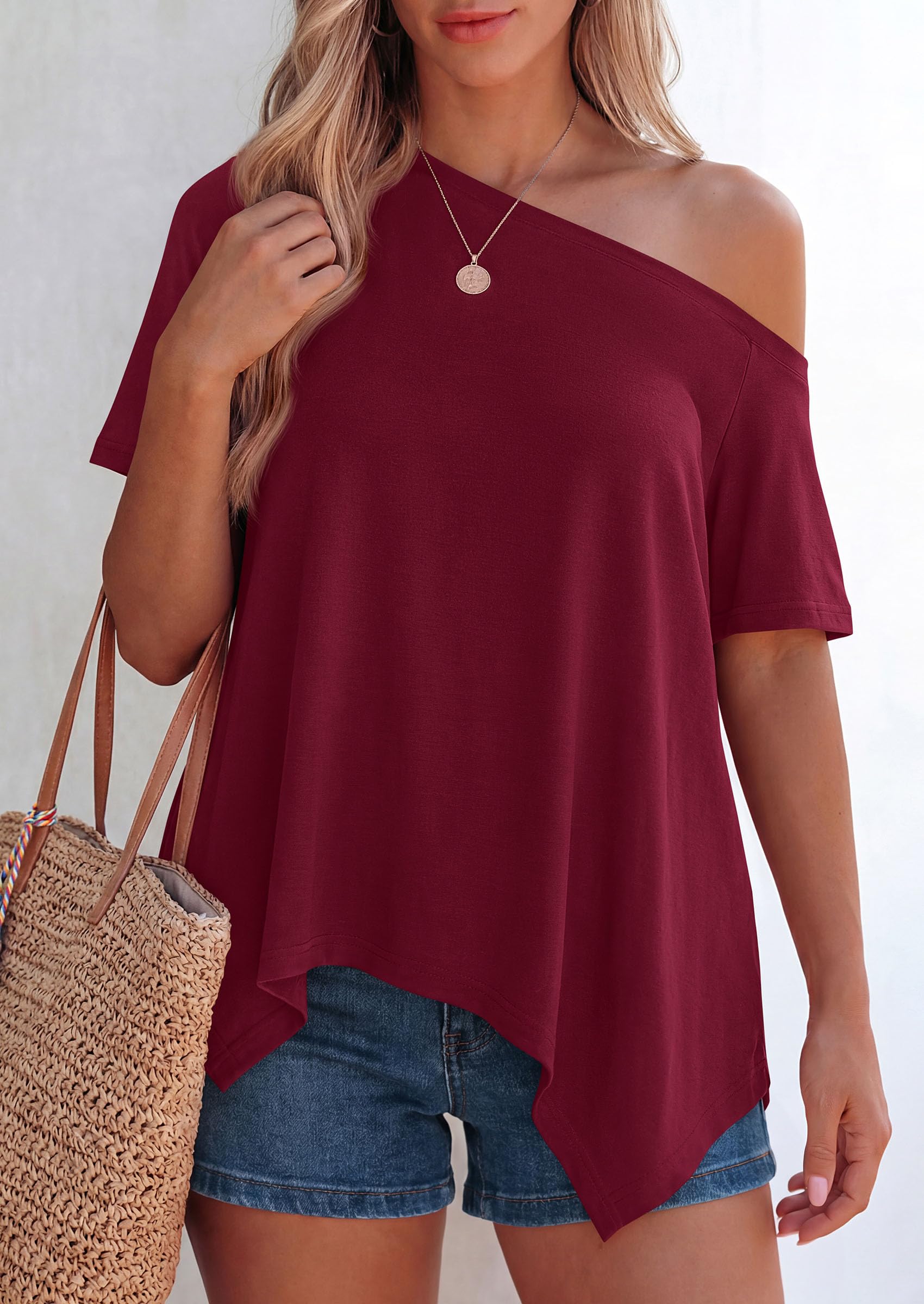 Off Shoulder Tops for Women Oversized Tshirts, Burgundy,S