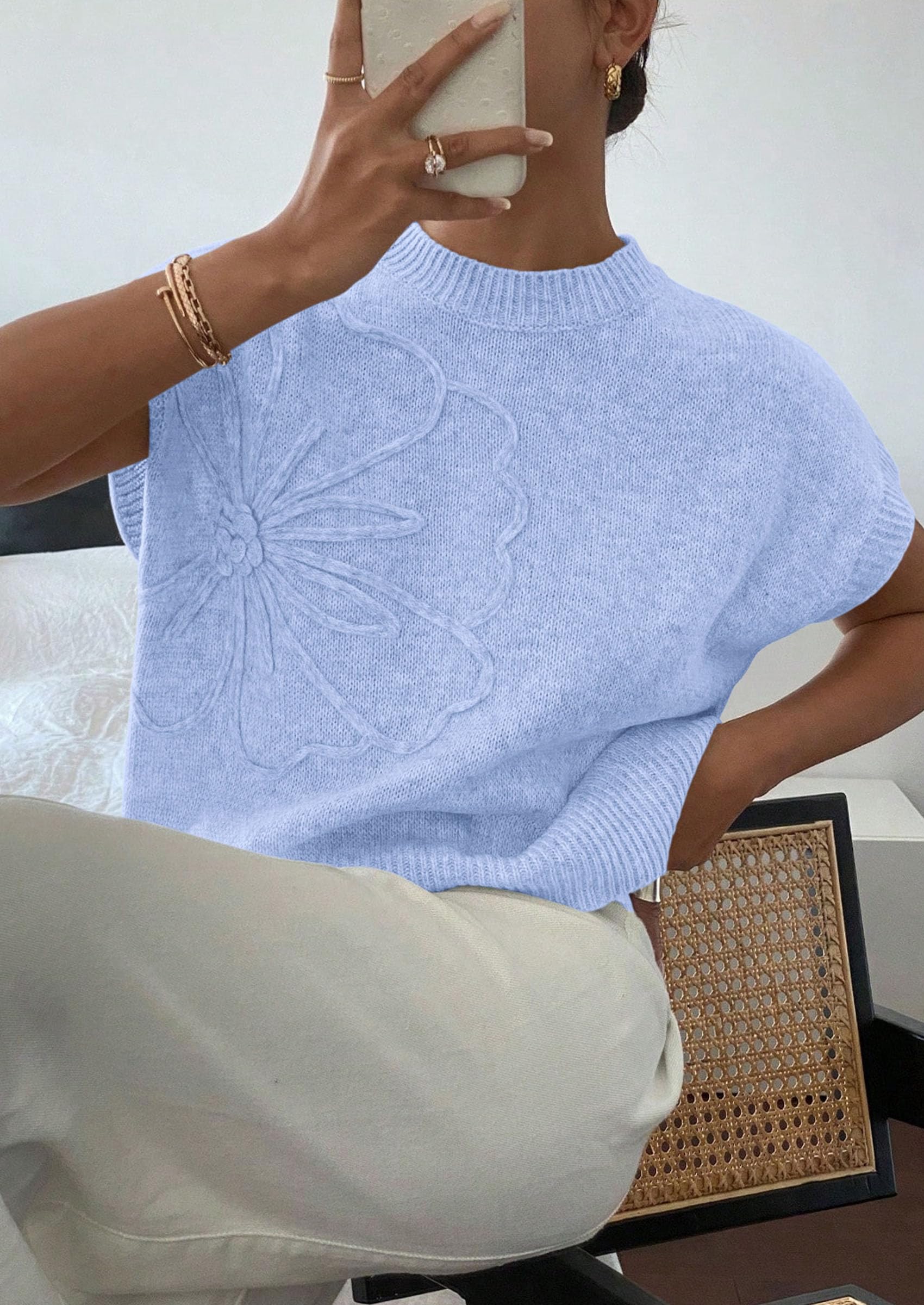Women's Summer Short Cap Sleeve Sweater Vest (Light Blue,S)