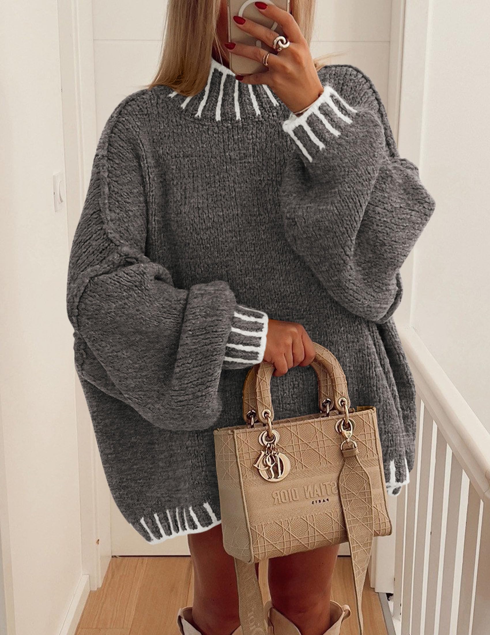Women's Mock Neck Oversized Pullover Sweaters,Grey,XS