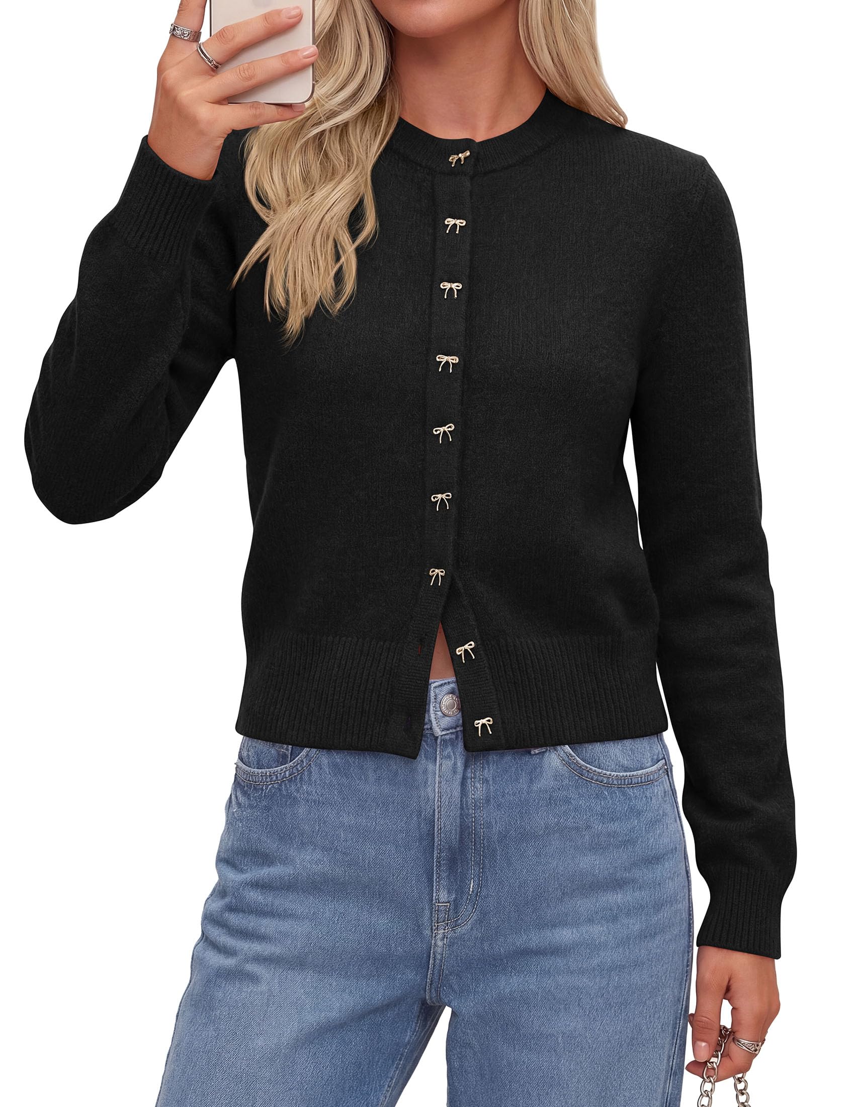 Cardigan Sweaters for Women Cropped Bow Button Up Cardigan