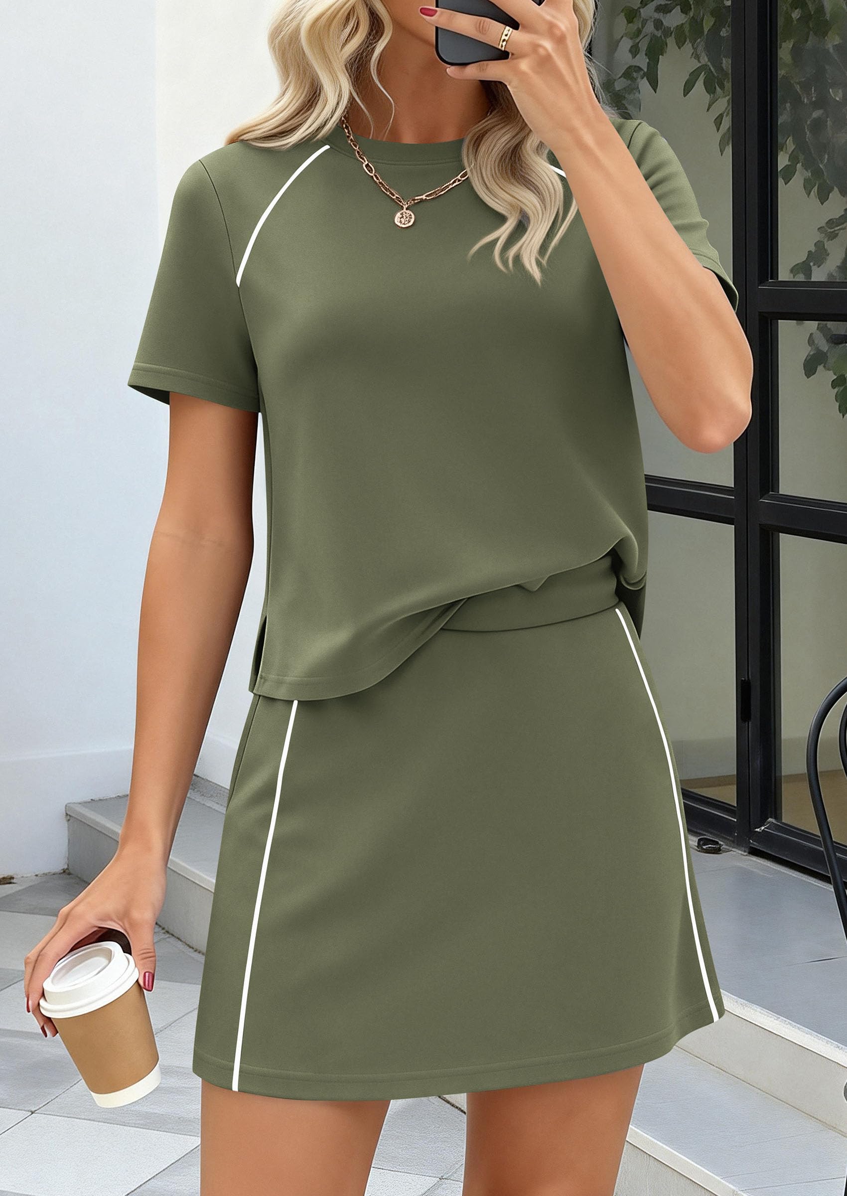 Women's 2 Piece Skirt Sets Matching Clothing (Army Green,M)