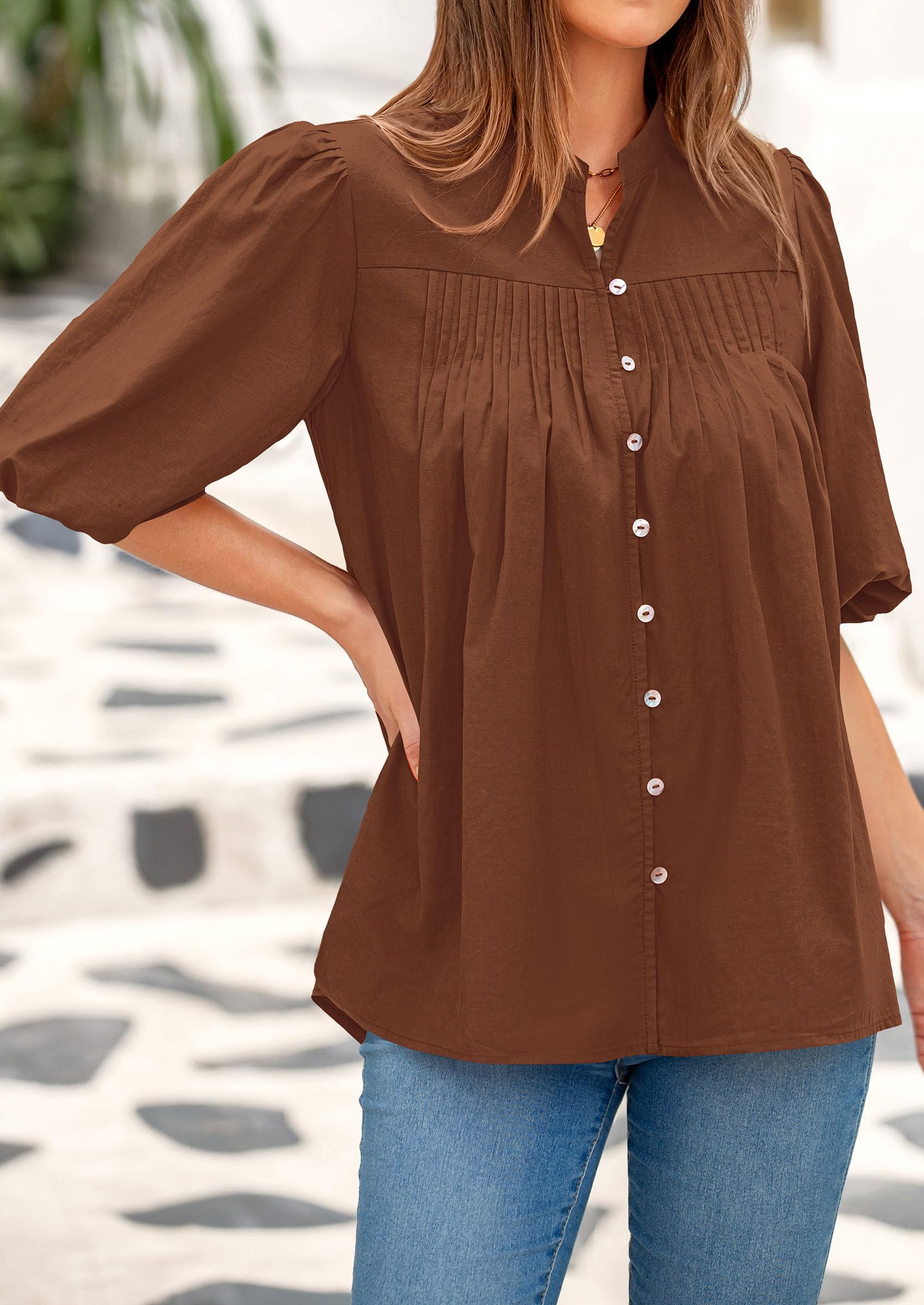 Short Sleeve Henley Shirts for Women,Brown,S