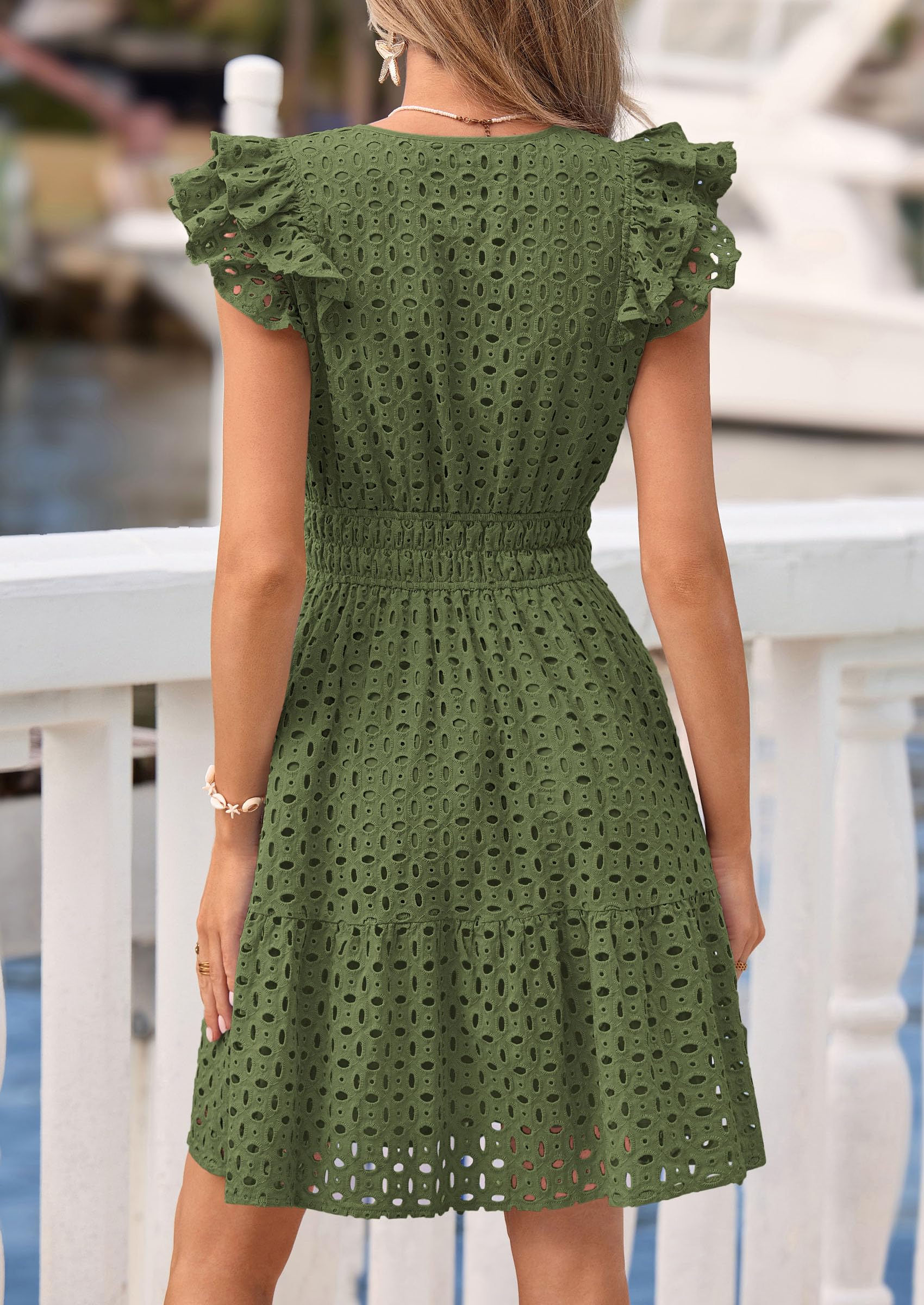 Women's Summer V Neck Eyelet Short Dress (Army Green,Small)