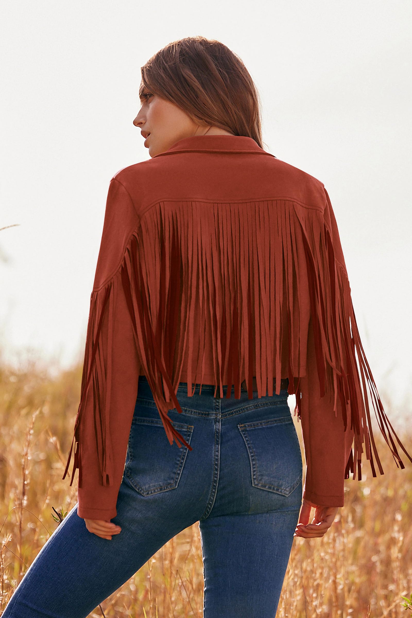 Women's Fringe Faux Suede Leather Jackets,Brick Red,S