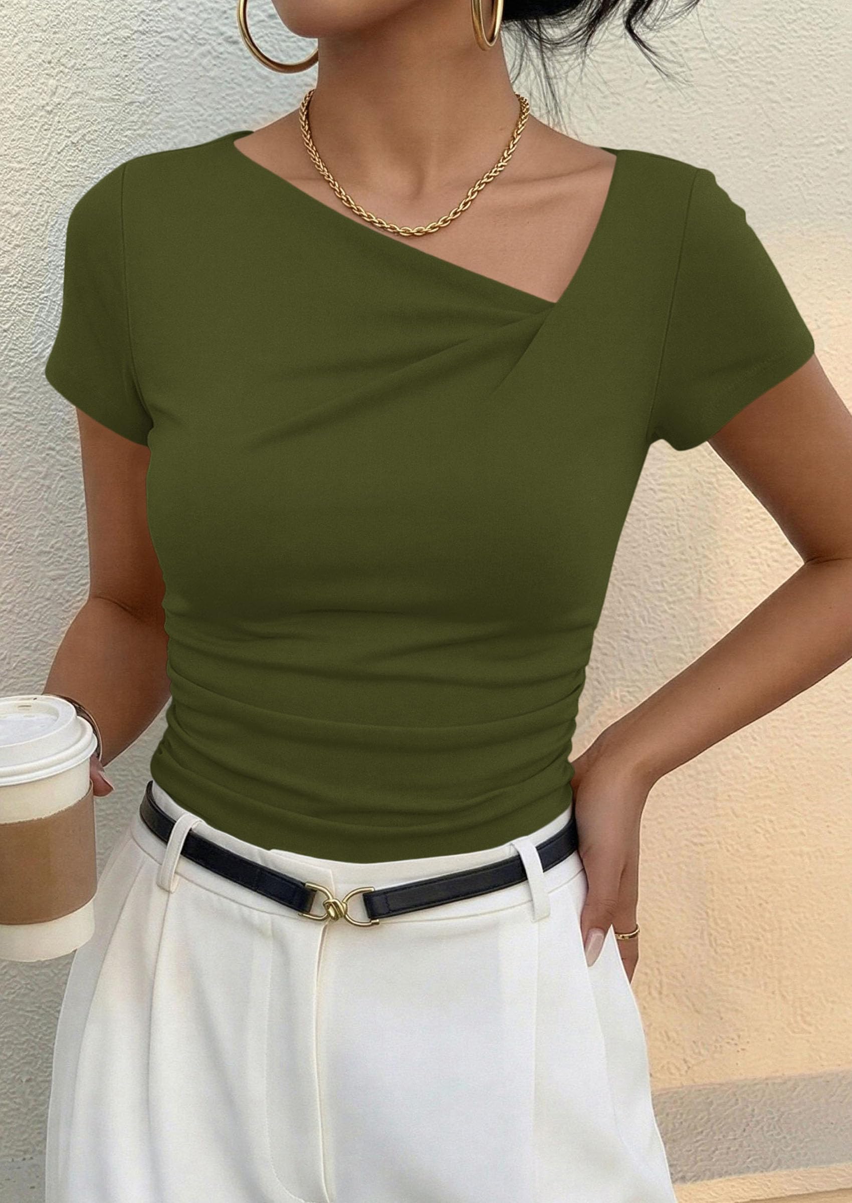 Women's Summer Trendy Asymmetrical Y2K Tops (Army Green,S)