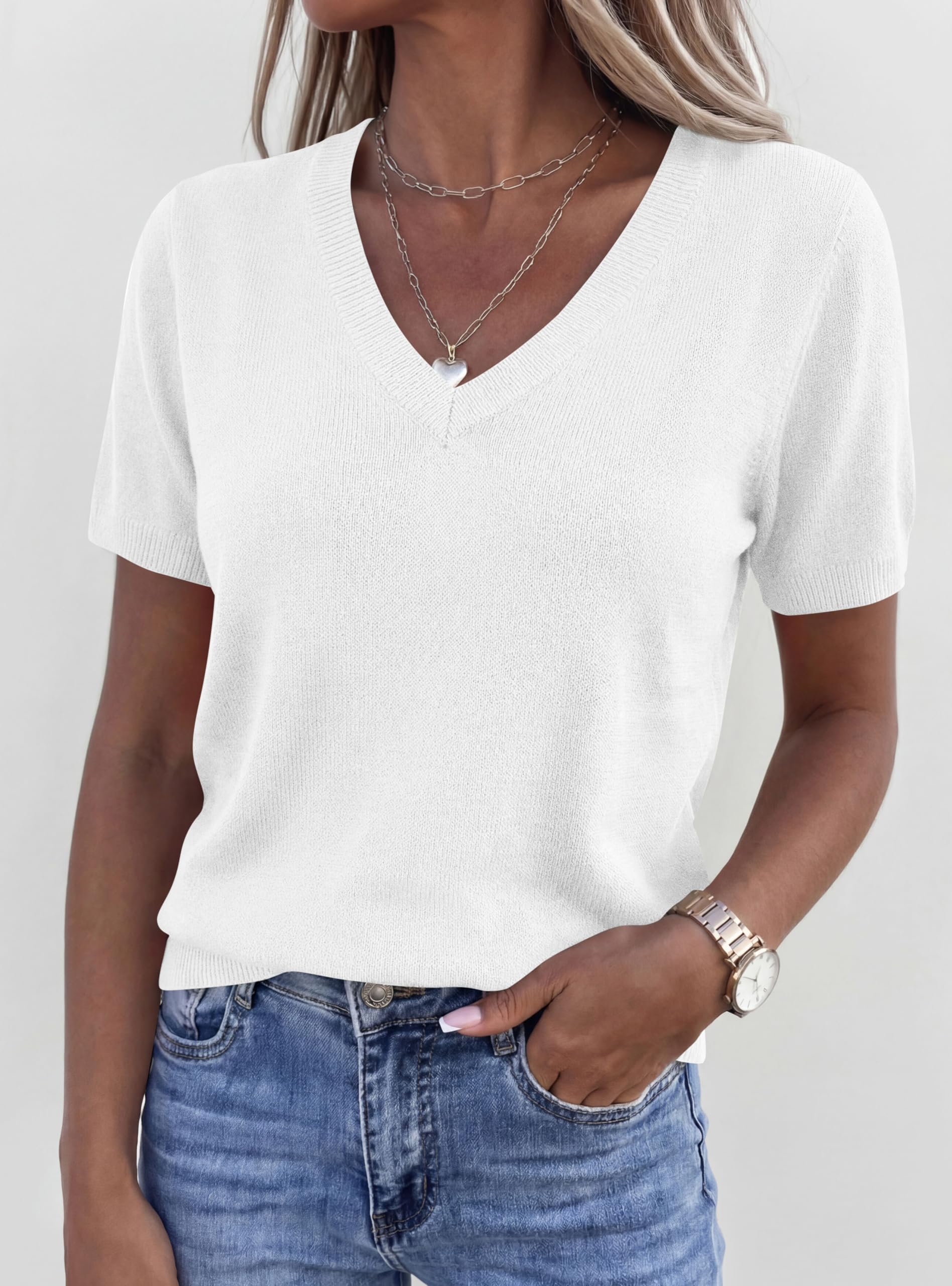 Womens Short Sleeve Sweater V Neck Tops,White,S