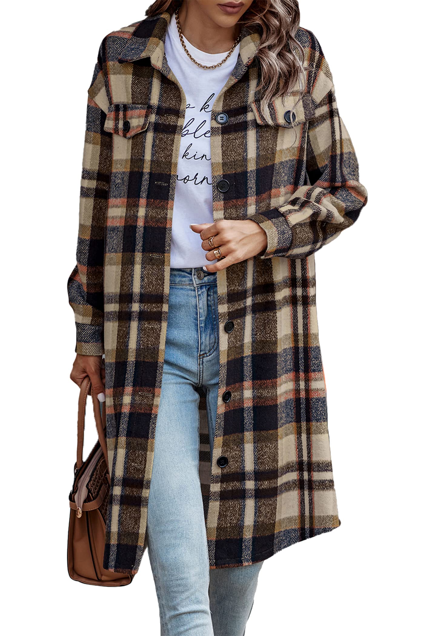 Womens Plaid Shacket Jacket Flannel Shirts,Navy,S