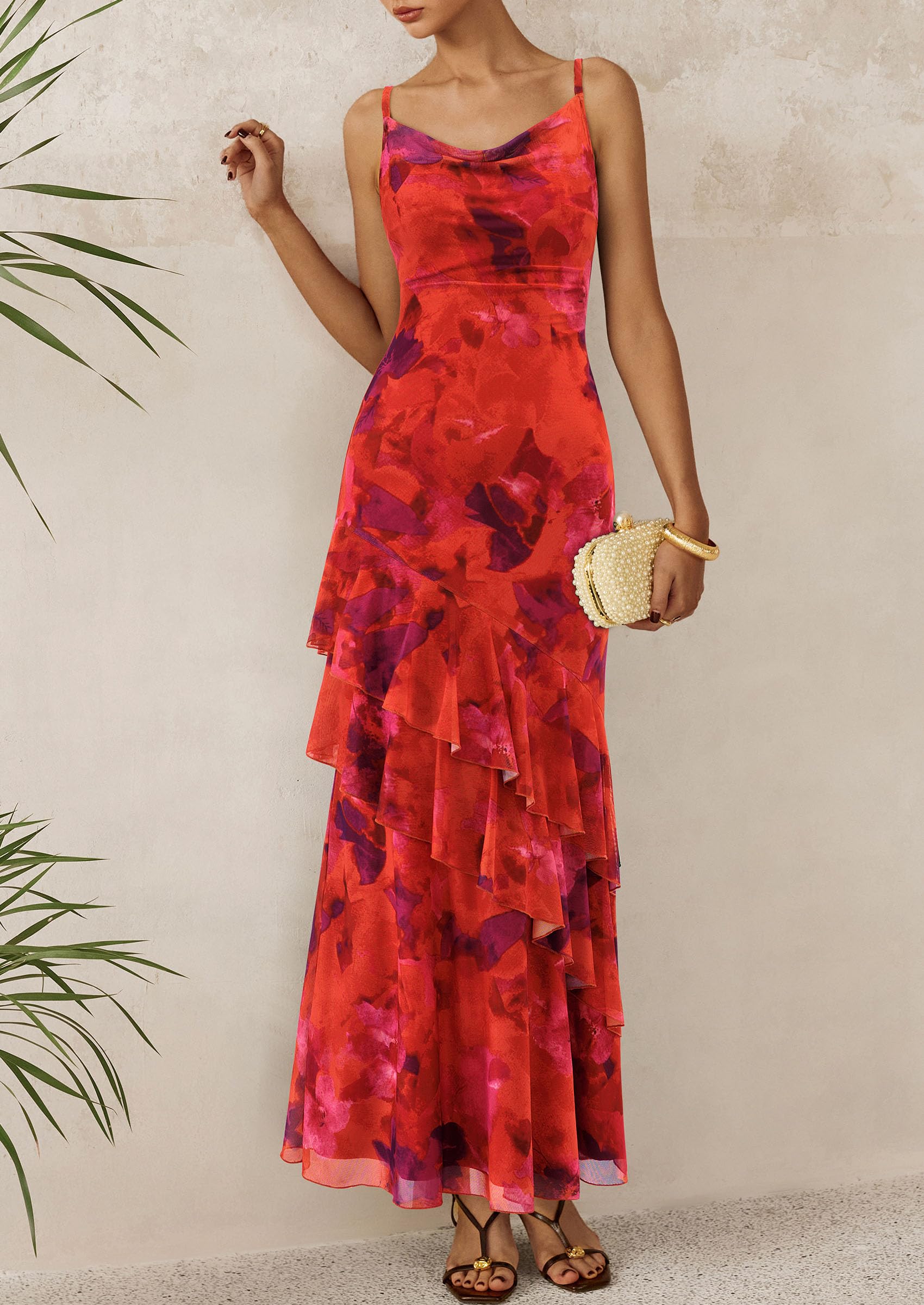 Women's Boho Floral Tiered Maxi Dress, Floral Rust Red,XS
