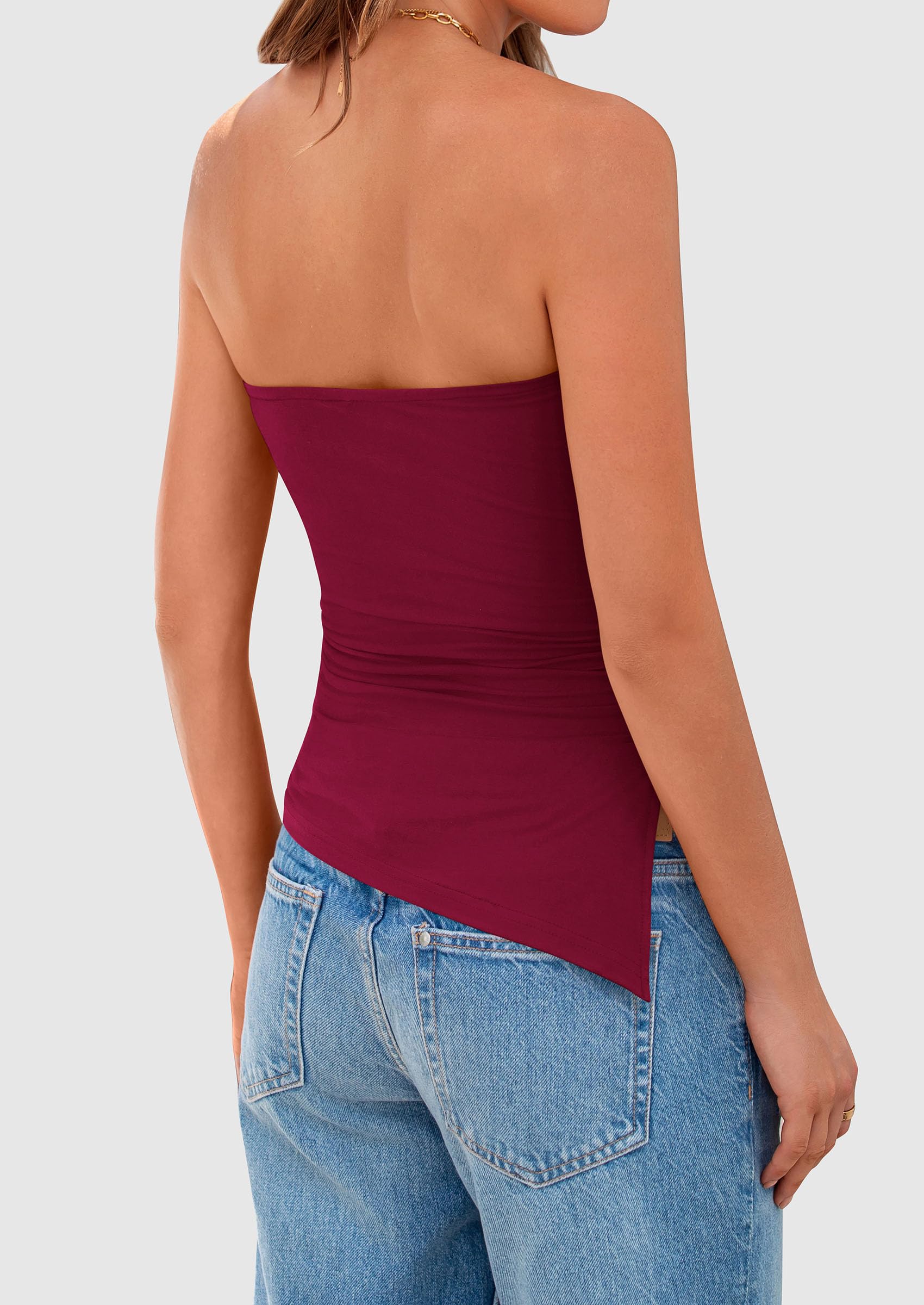 Women's Ruched Asymmetrical Strapless Tube Top, Wine Red,S