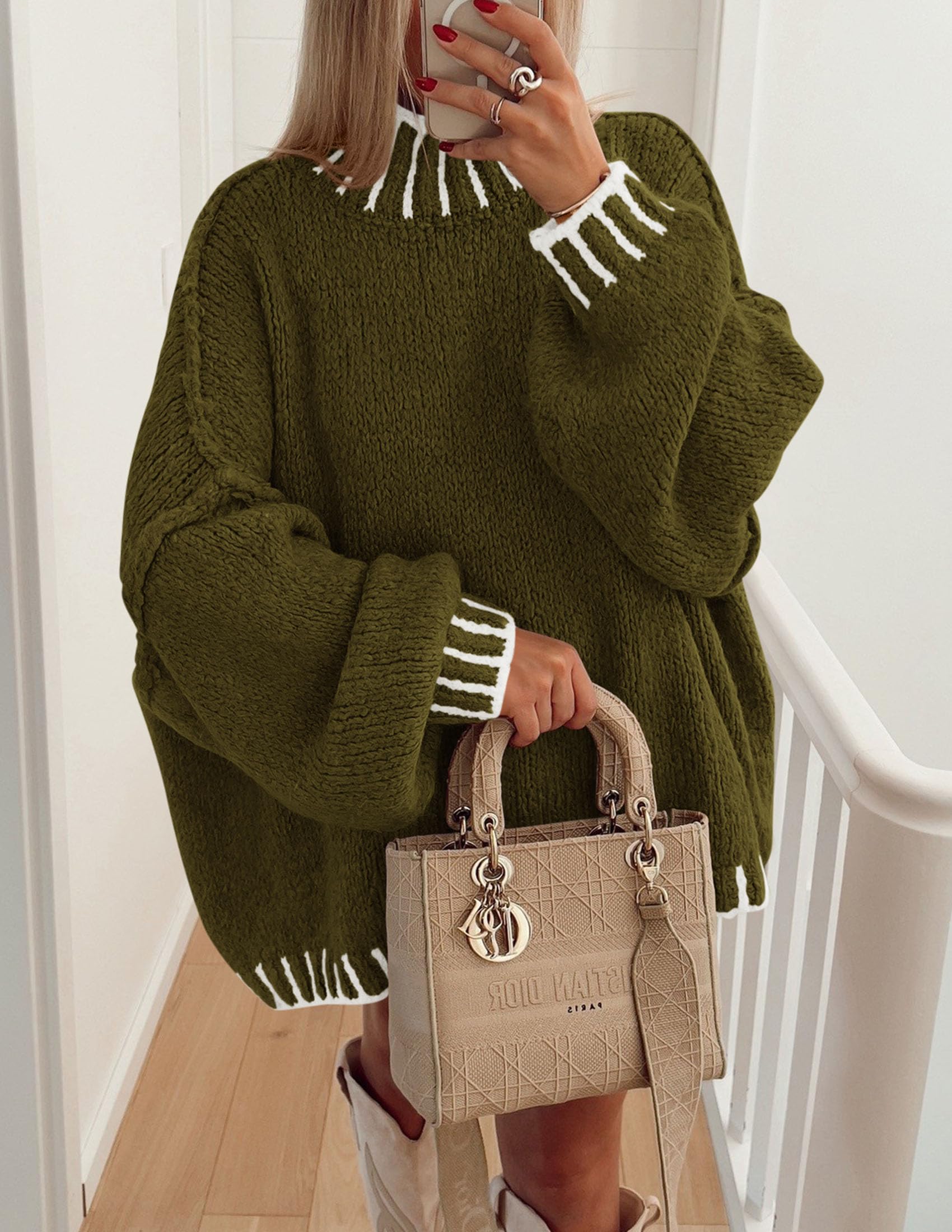 Women's Mock Neck Oversized Pullover Sweaters,Army Green,XS