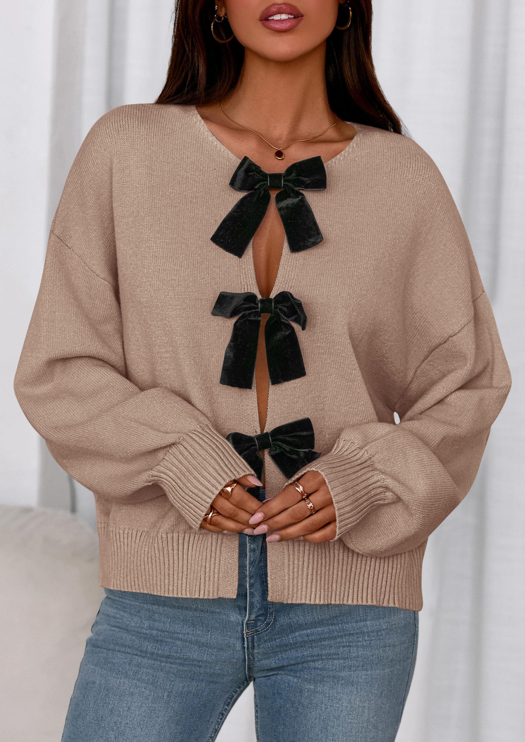 Women's Fall Bow Tie Front Cardigan Sweaters,Khaki,S