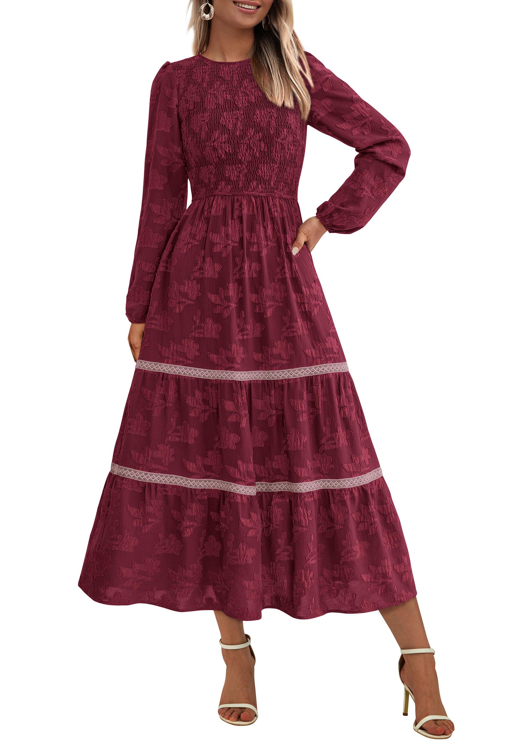 Women's Long Sleeve Boho Floral Midi Dress, Wine Red,S