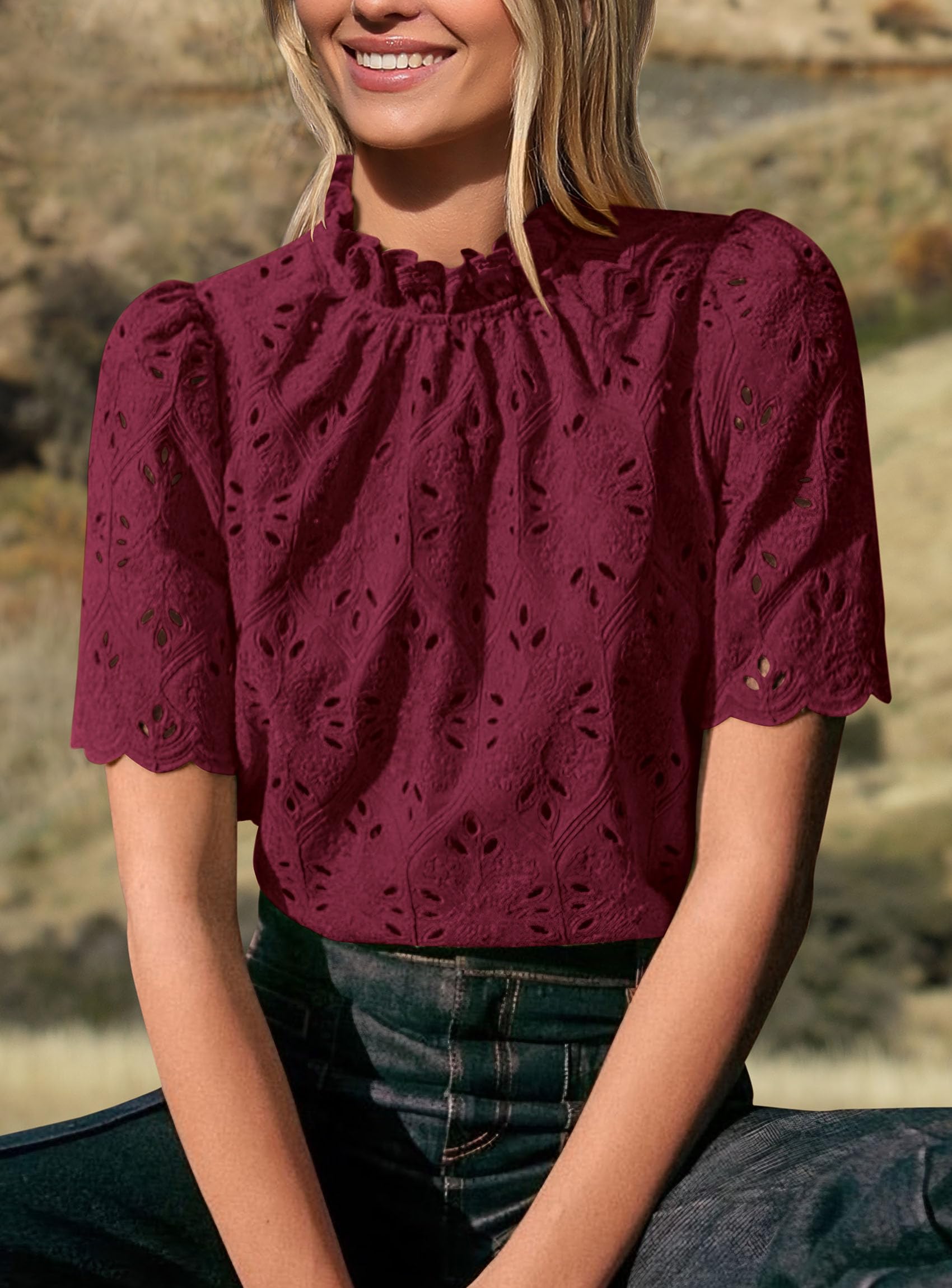 Women Summer Tops Eyelet Embroidered Shirts,Wine Red,XS