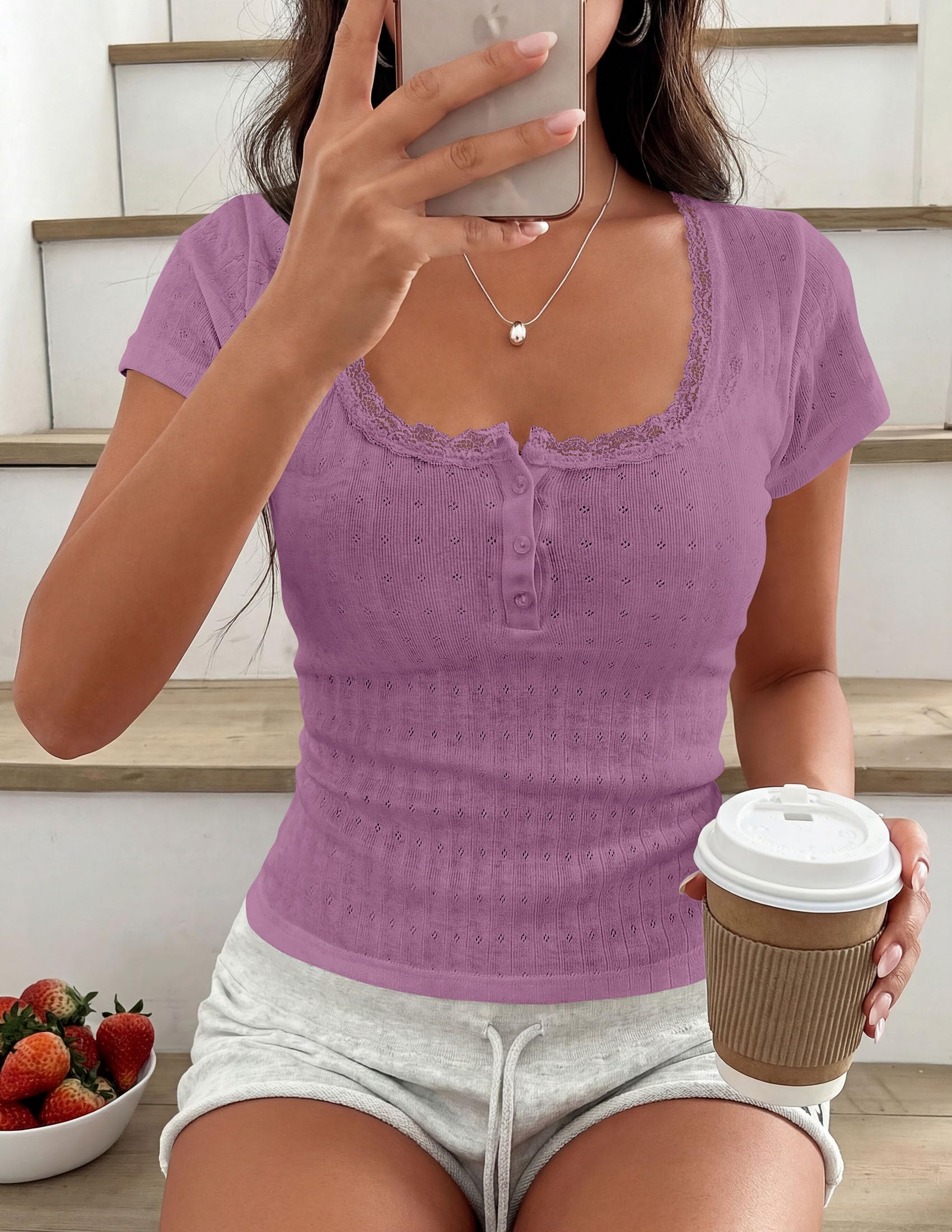 Womens Summer Lace Trim Short Sleeve Henley Top,Purple,S