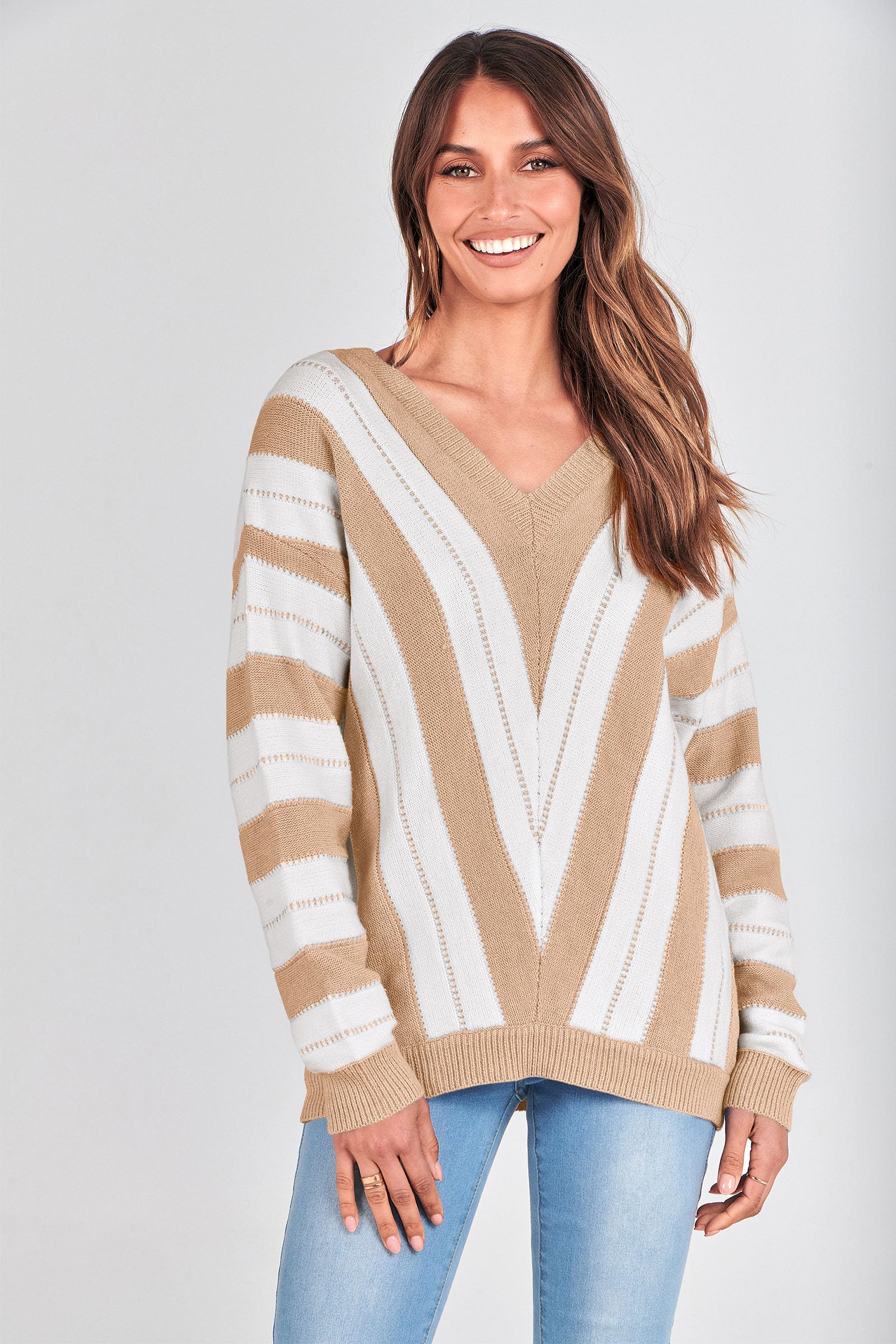 Women's V Neck Striped Knit Pullover Sweater
