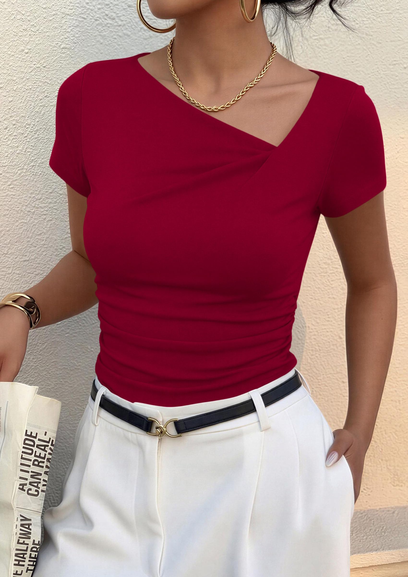 Women's Summer Trendy Asymmetrical Y2K Tops (Red,L)