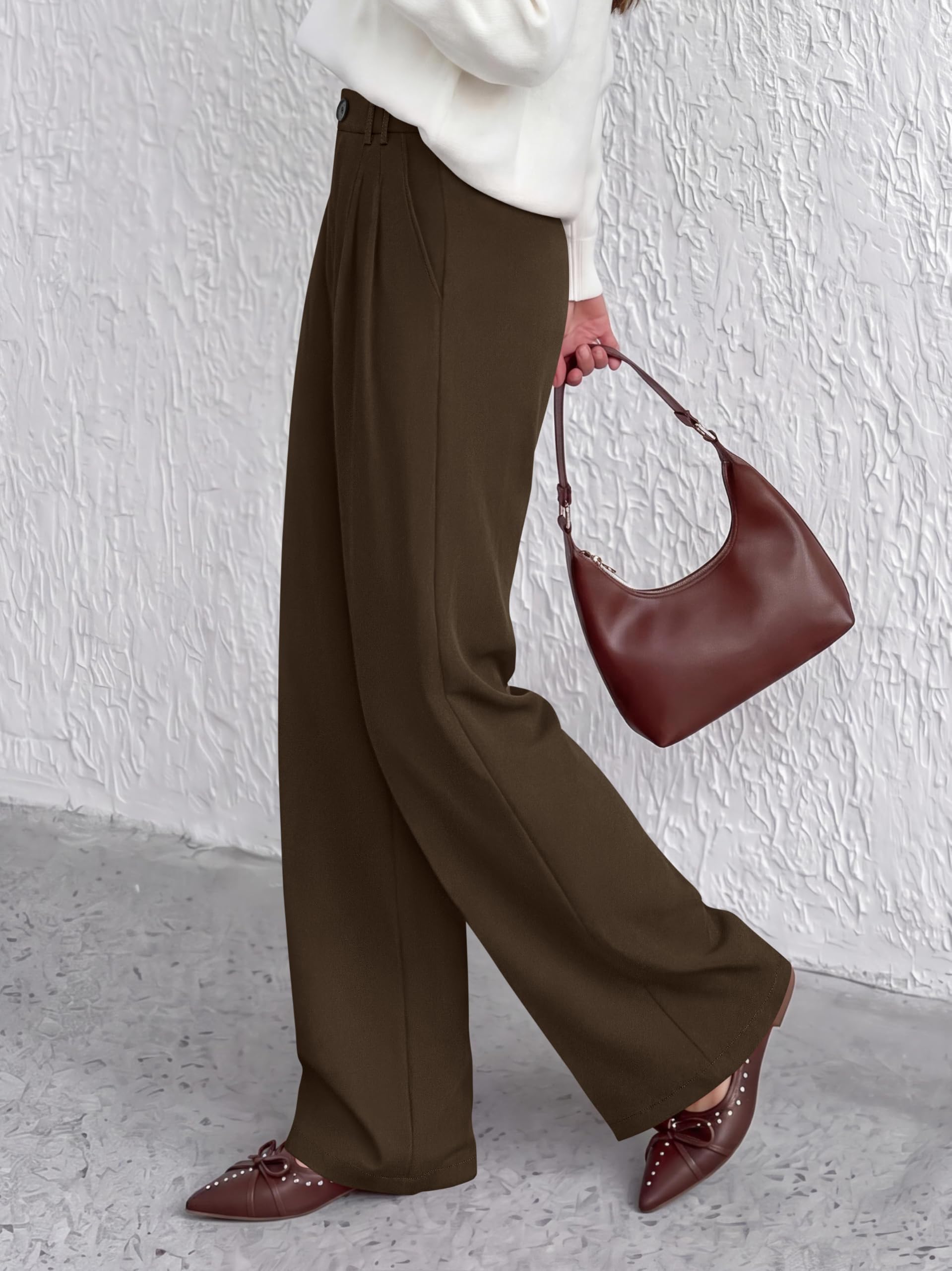 Women's Dress Pants Wide Leg Flowy Trousers,Coffee,L