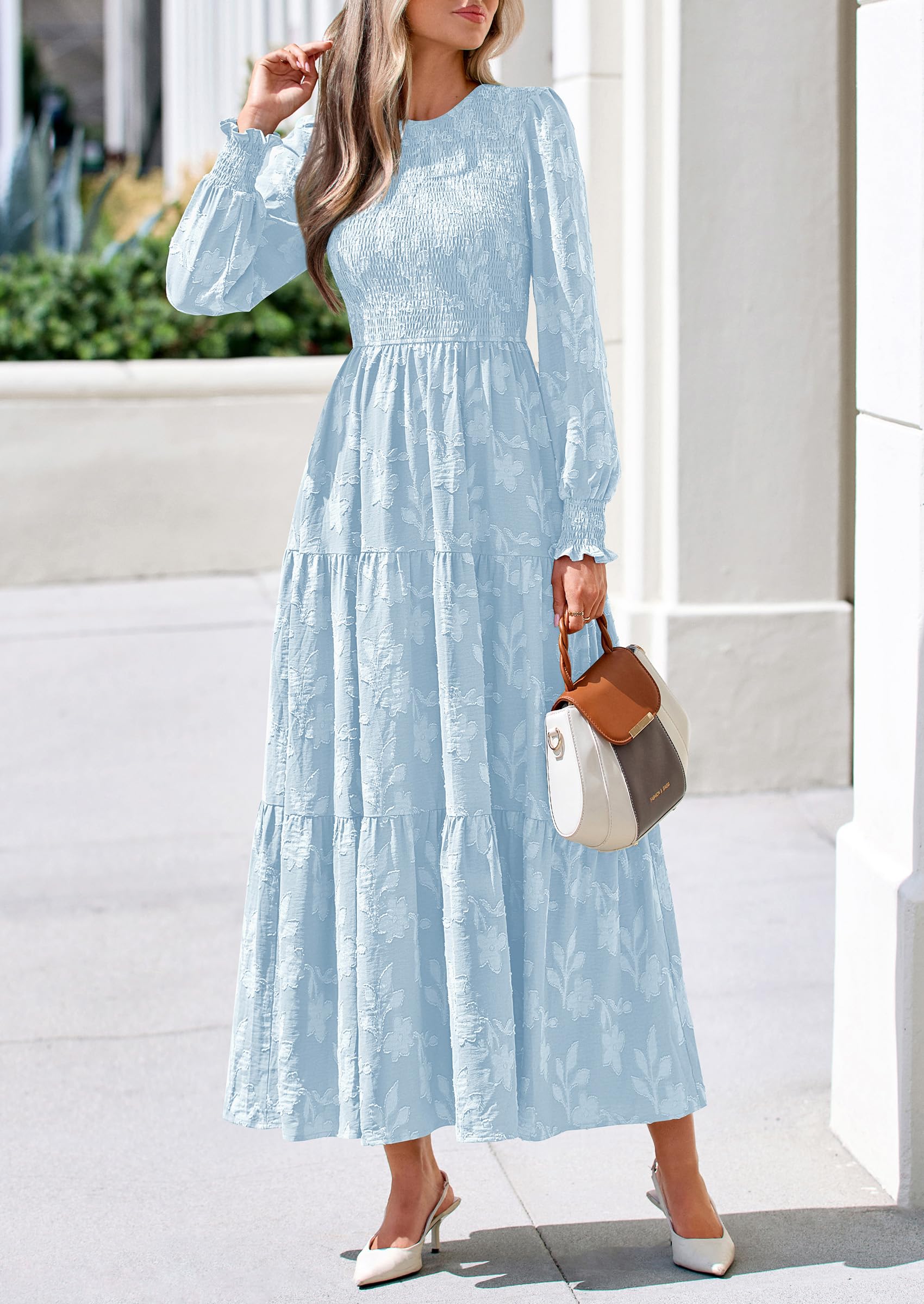Fall Floral Long Sleeve Wedding Guest Dress for Women Pockets