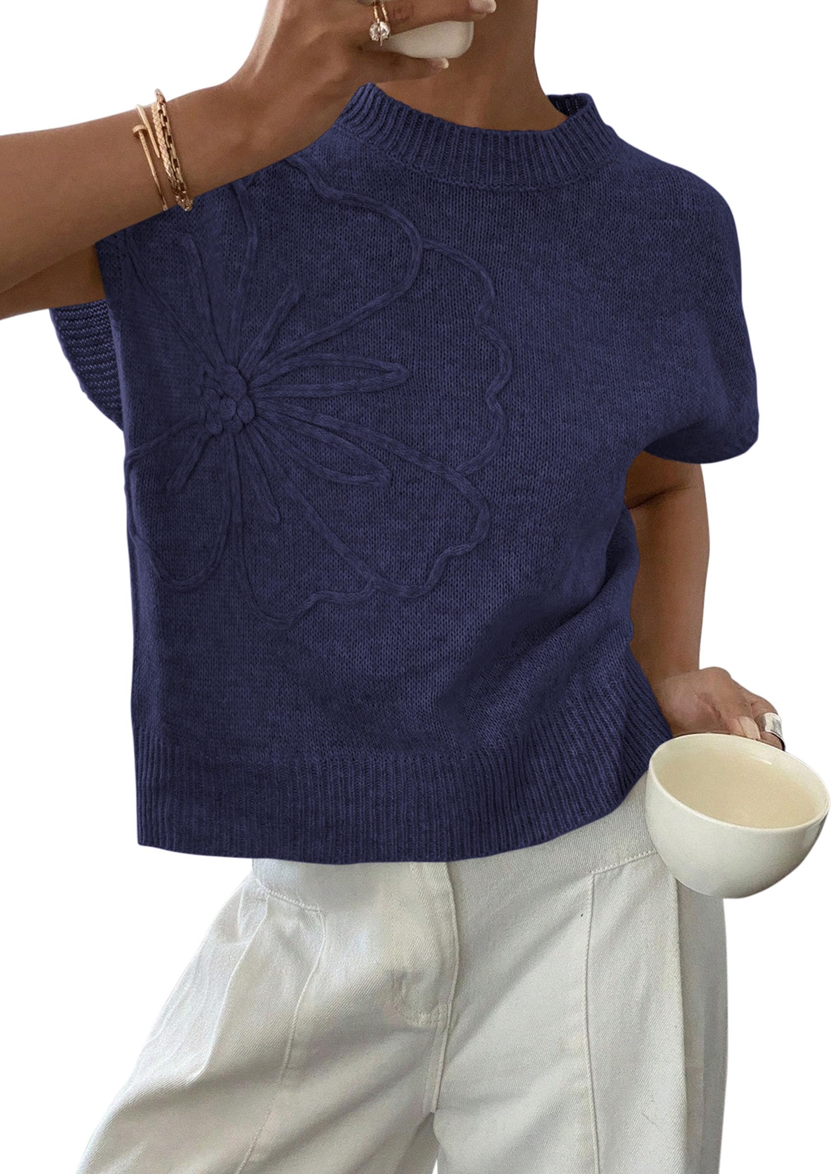 Women's Summer Short Cap Sleeve Sweater Vest (Navy Blue,S)