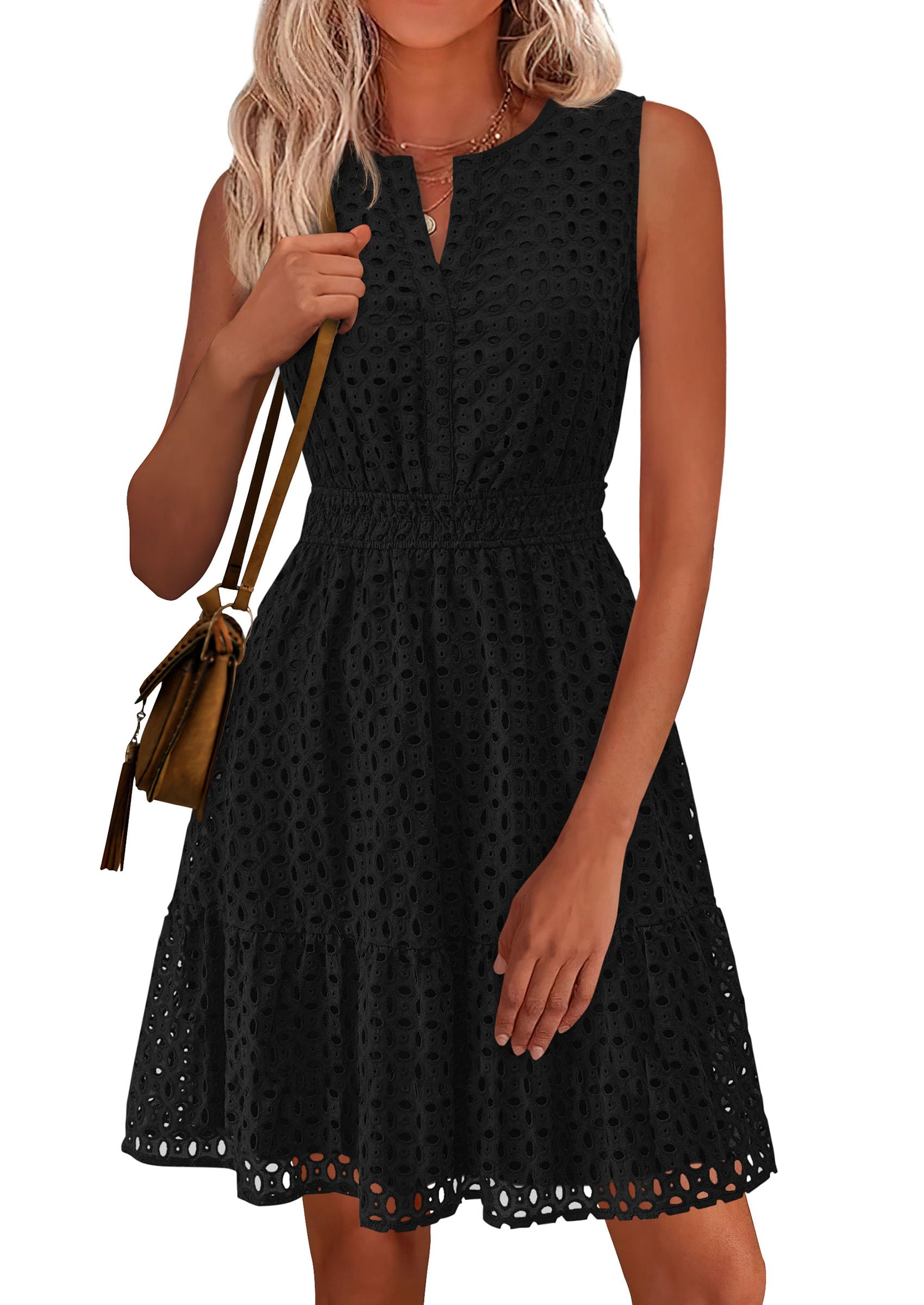 Women's Summer Eyelet A Line Short Dresses,Black,S