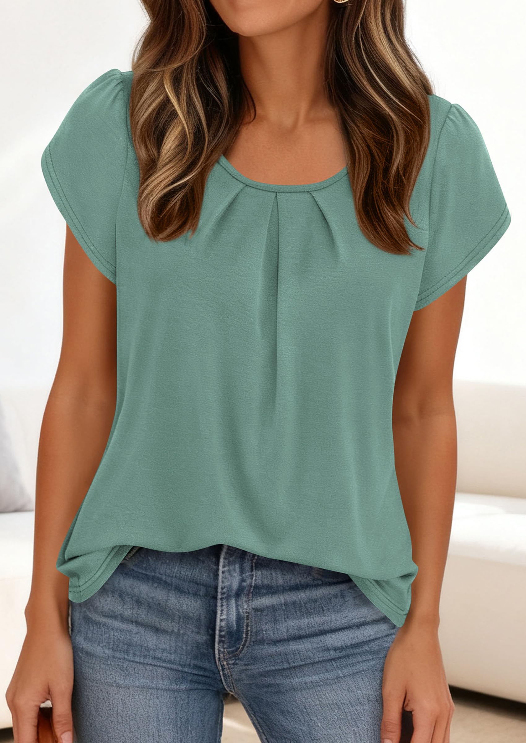 Women's Summer Short Sleeve Tops Casual Blouses,Sage Green,S