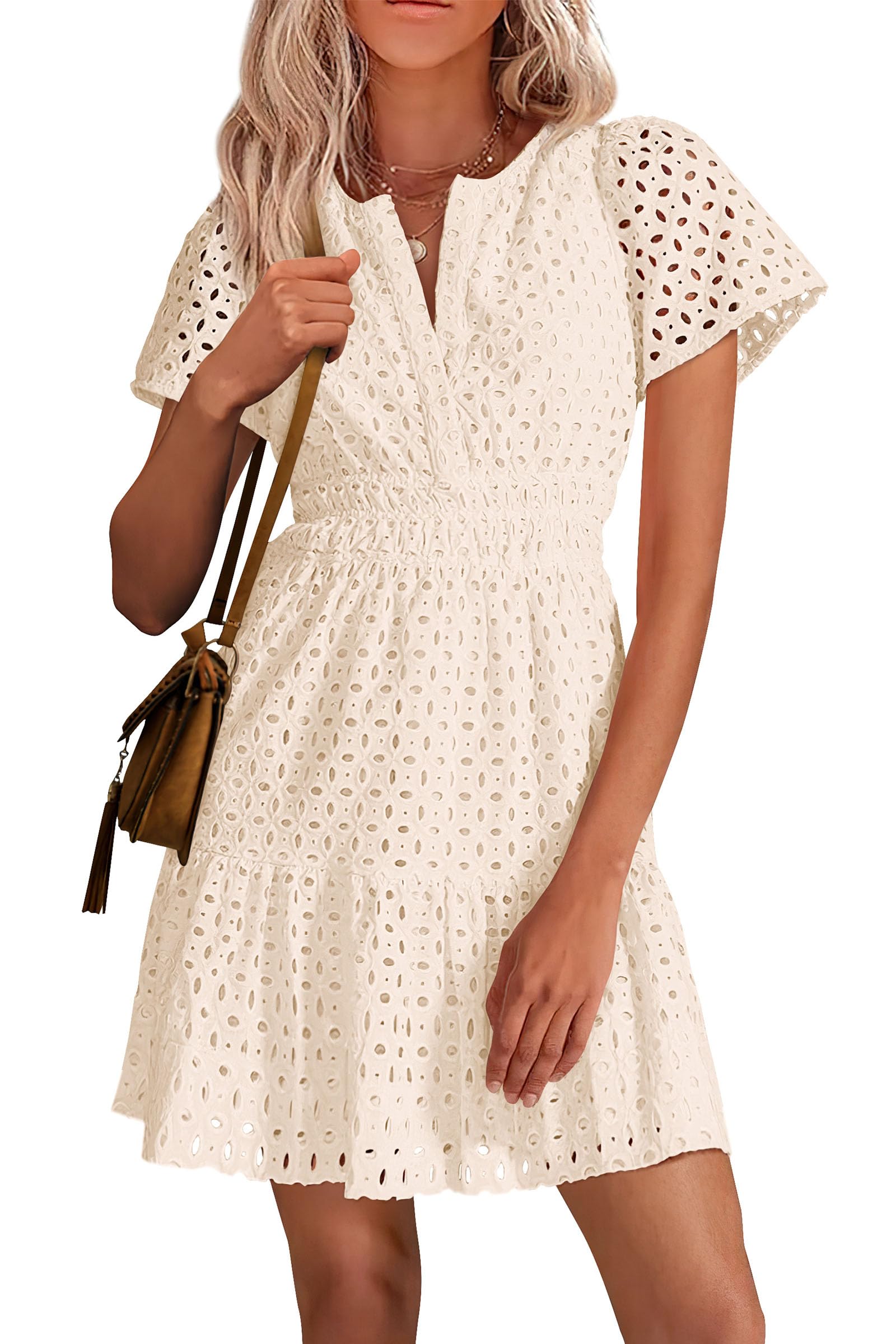 Women's Summer Eyelet Lace Short Dresses (Beige,S)