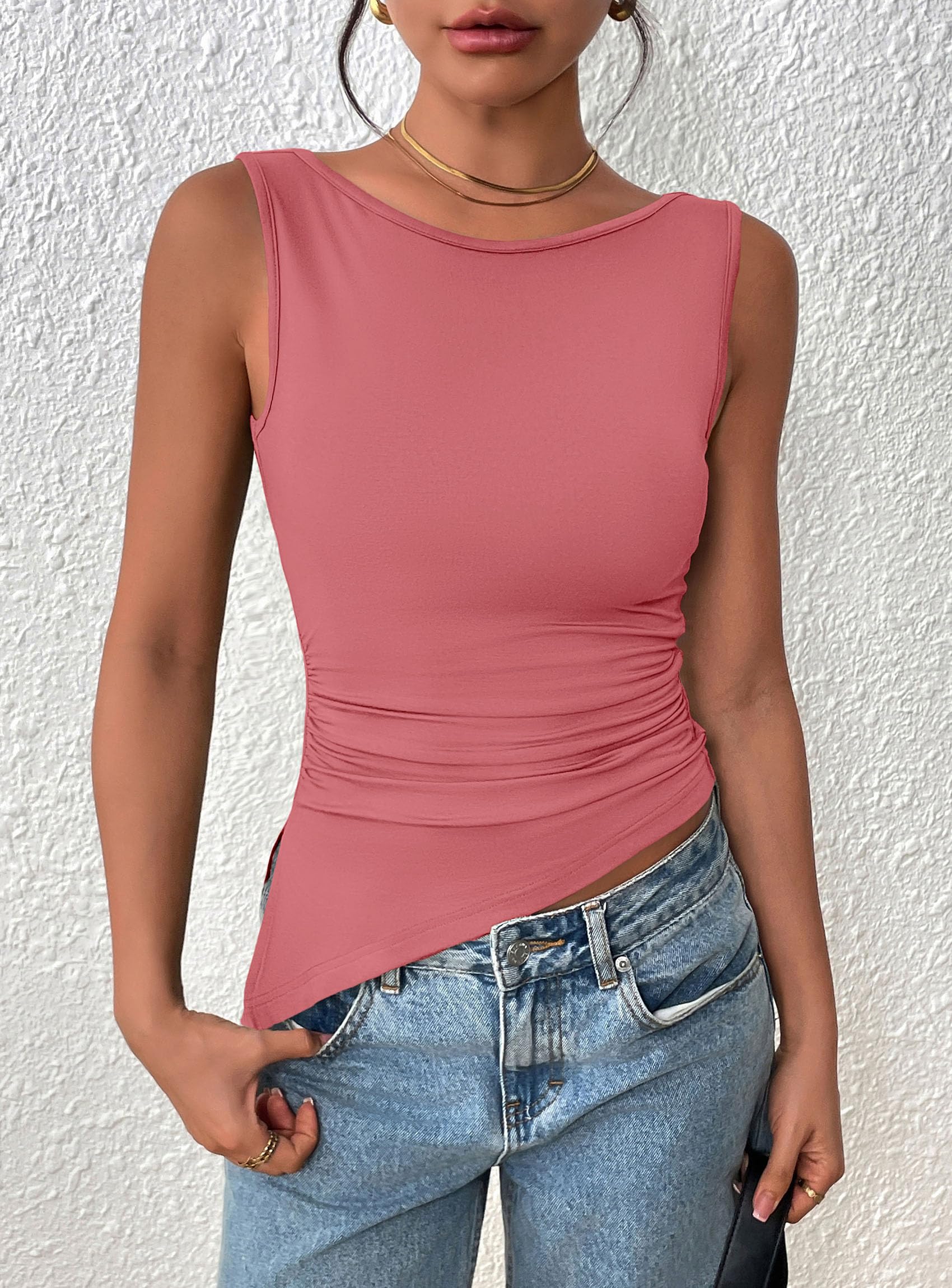 Women's Ruched Tank Tops Summer Y2K Shirts,Pink,S