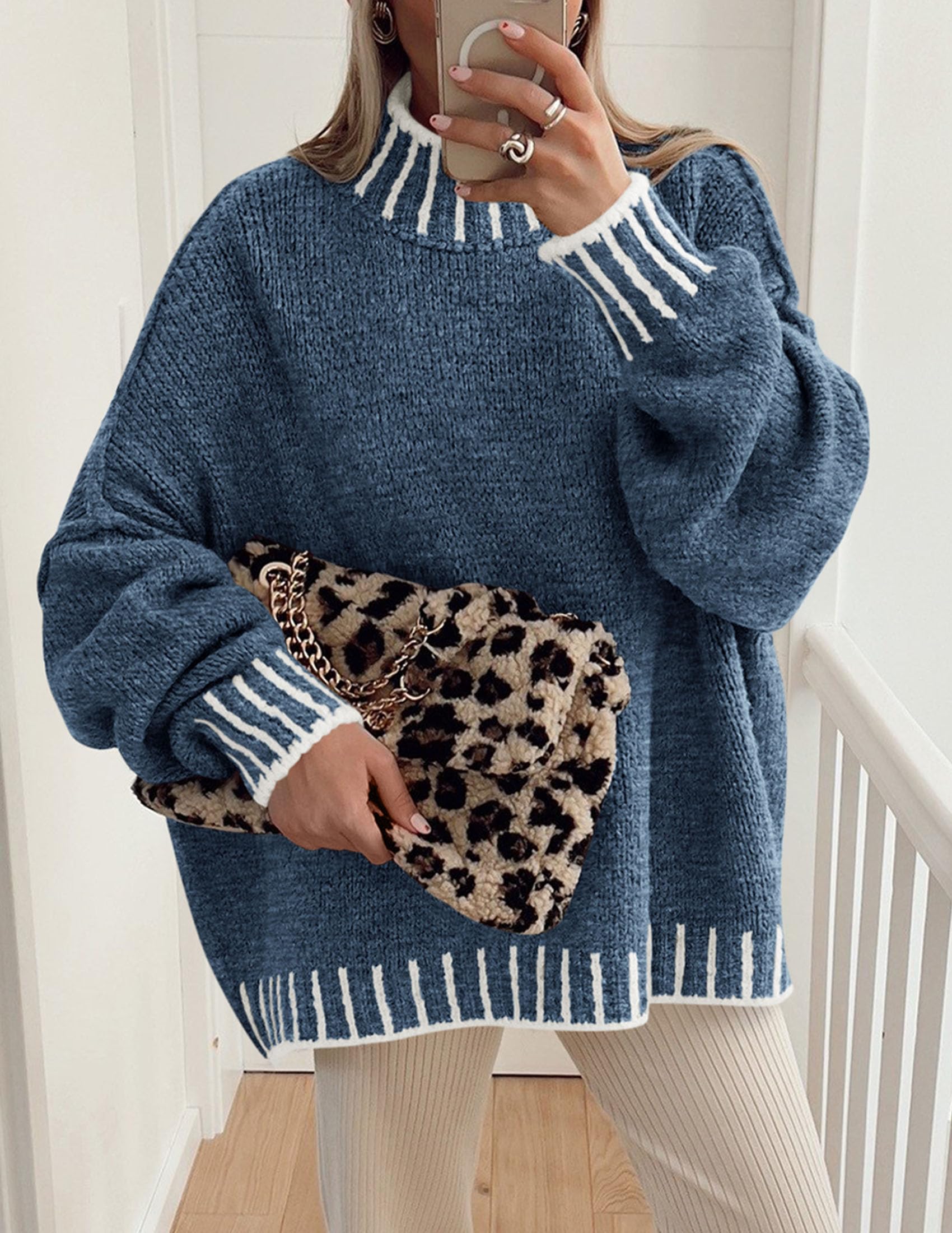 Women's Mock Neck Oversized Pullover Sweaters,Grey Blue,XS