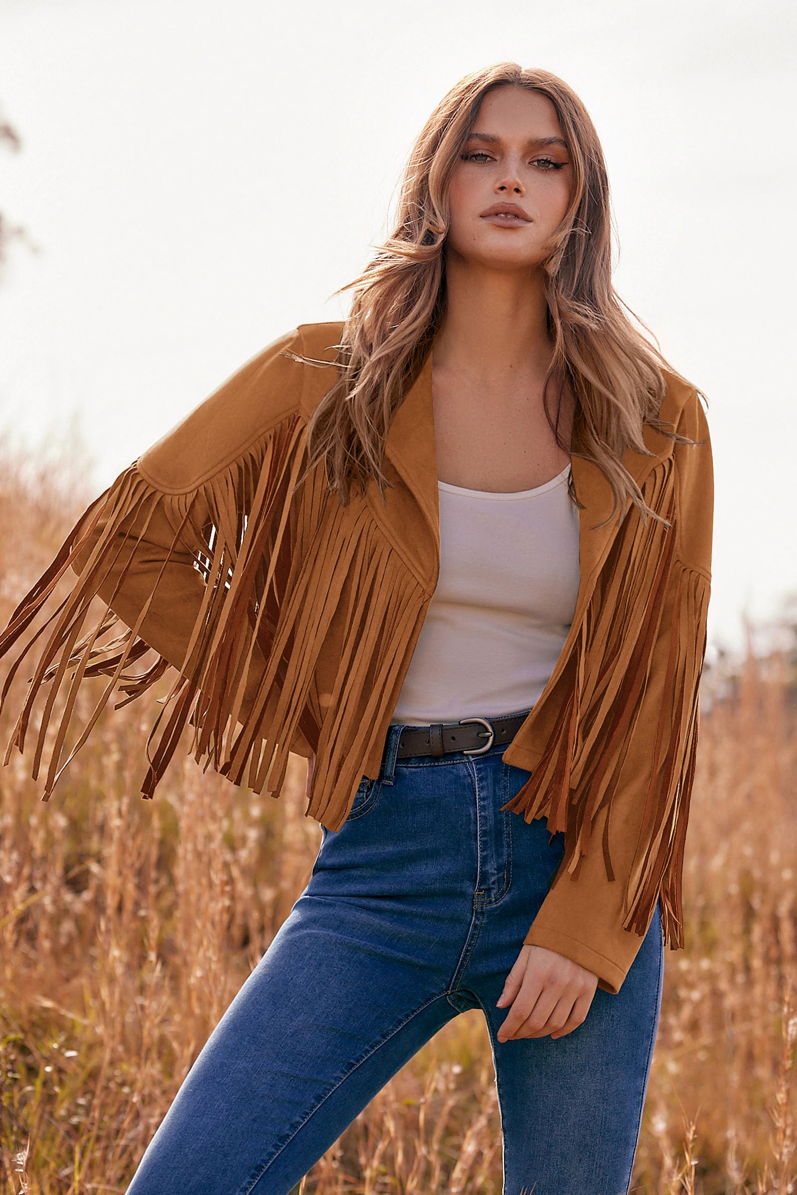 Women's Fringe Faux Suede Leather Jackets,Brown Yellow,M