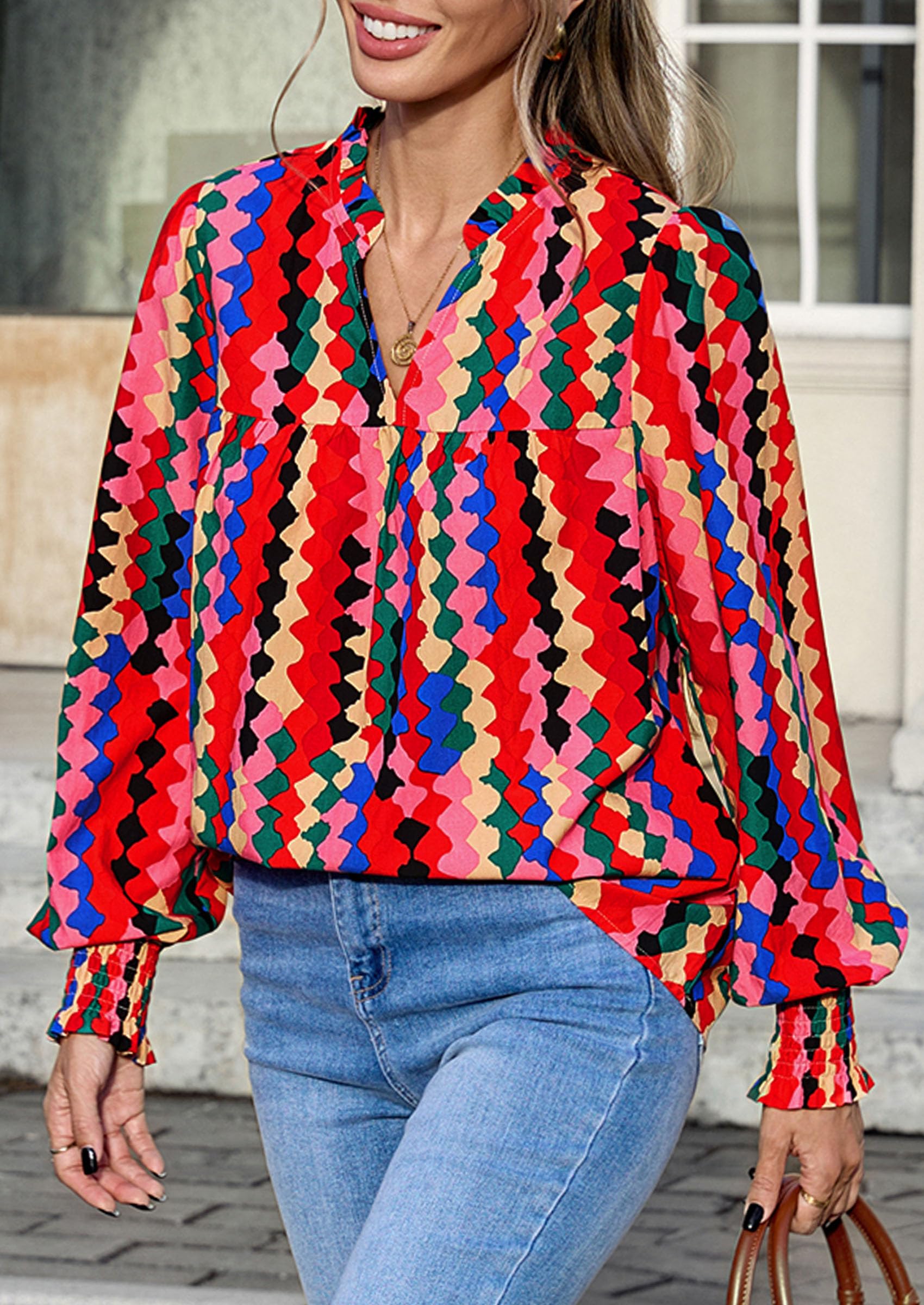 Women's Boho Floral Blouses Dressy Casual Multicolored,S