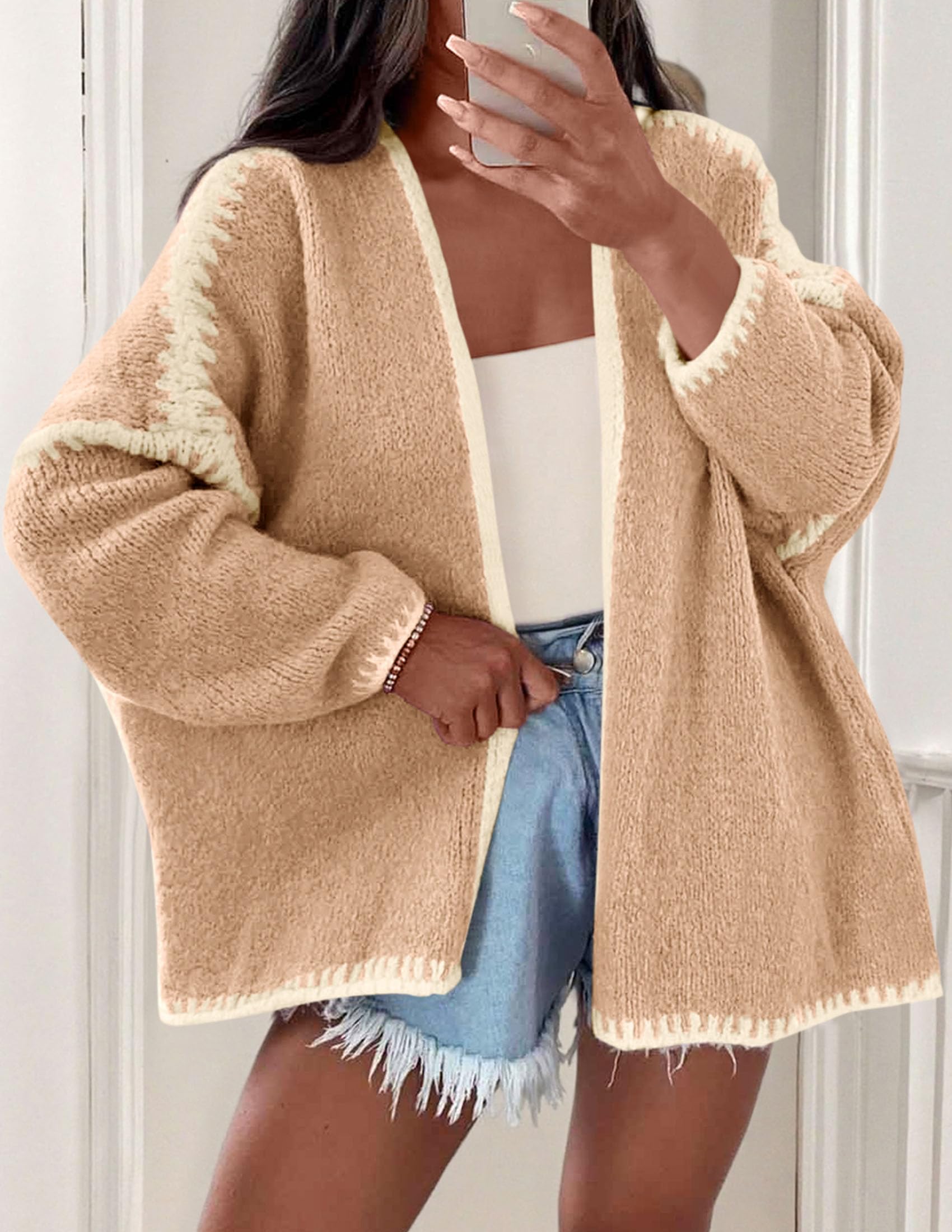 Womens Oversized Cardigan Sweaters 2026 Fall Long Lantern Sleeve Knit Open Front Lightweight Sweater (Style2-Camel,Small)