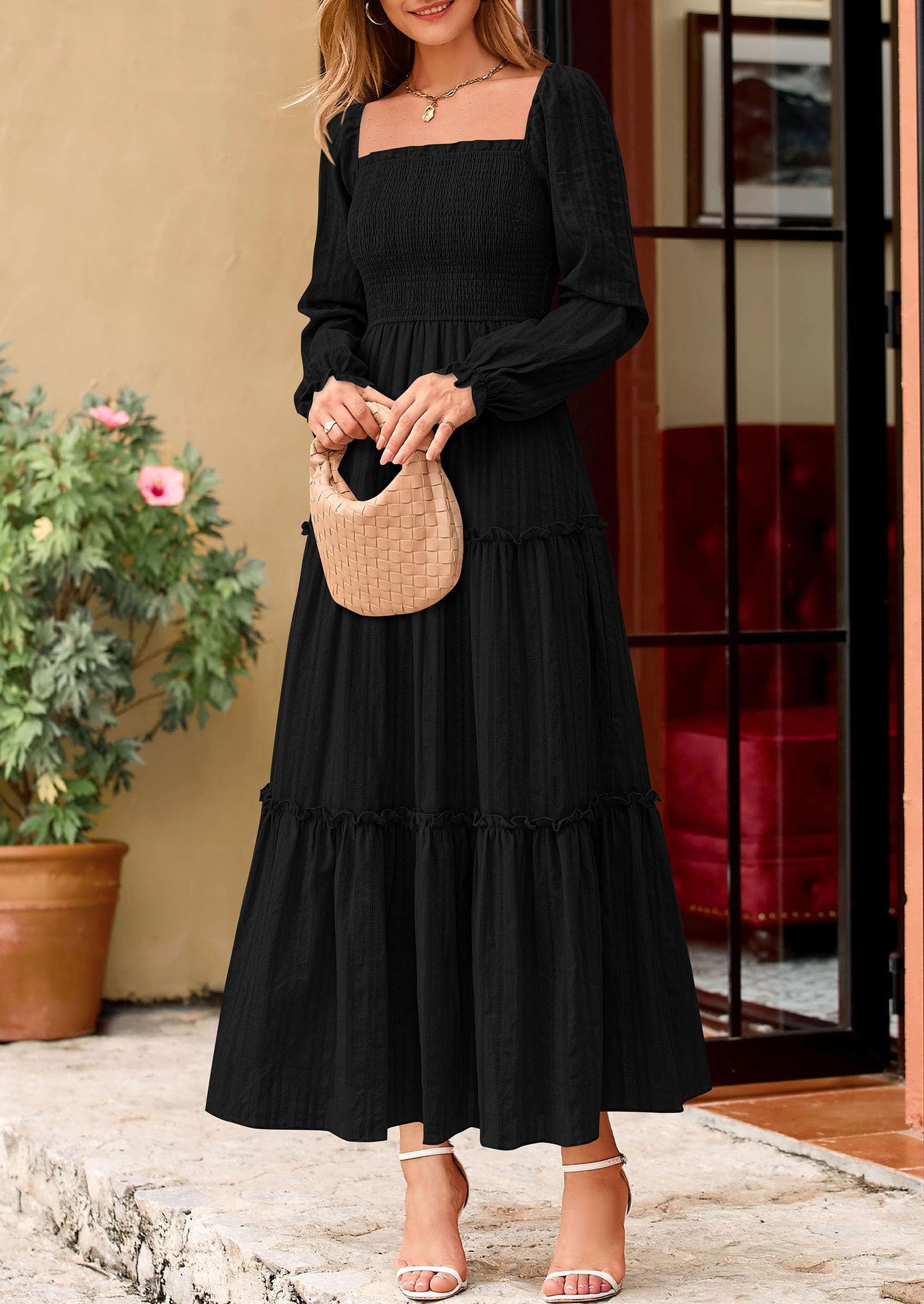 Women's Long Sleeve Ruffle Flowy Maxi Dress,Black,S