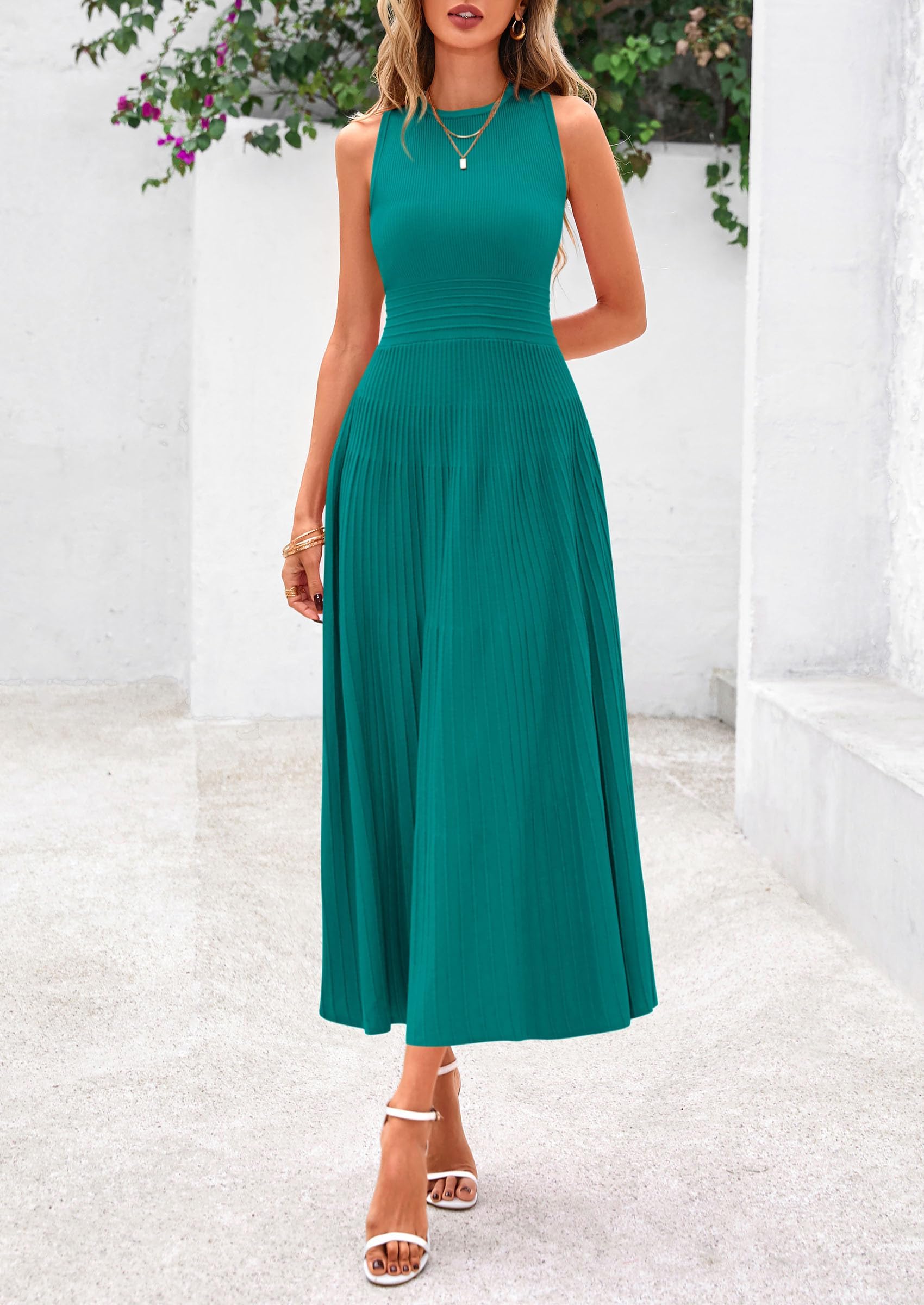 Women's Summer Pleated Midi Work Dress,Blue Green,S