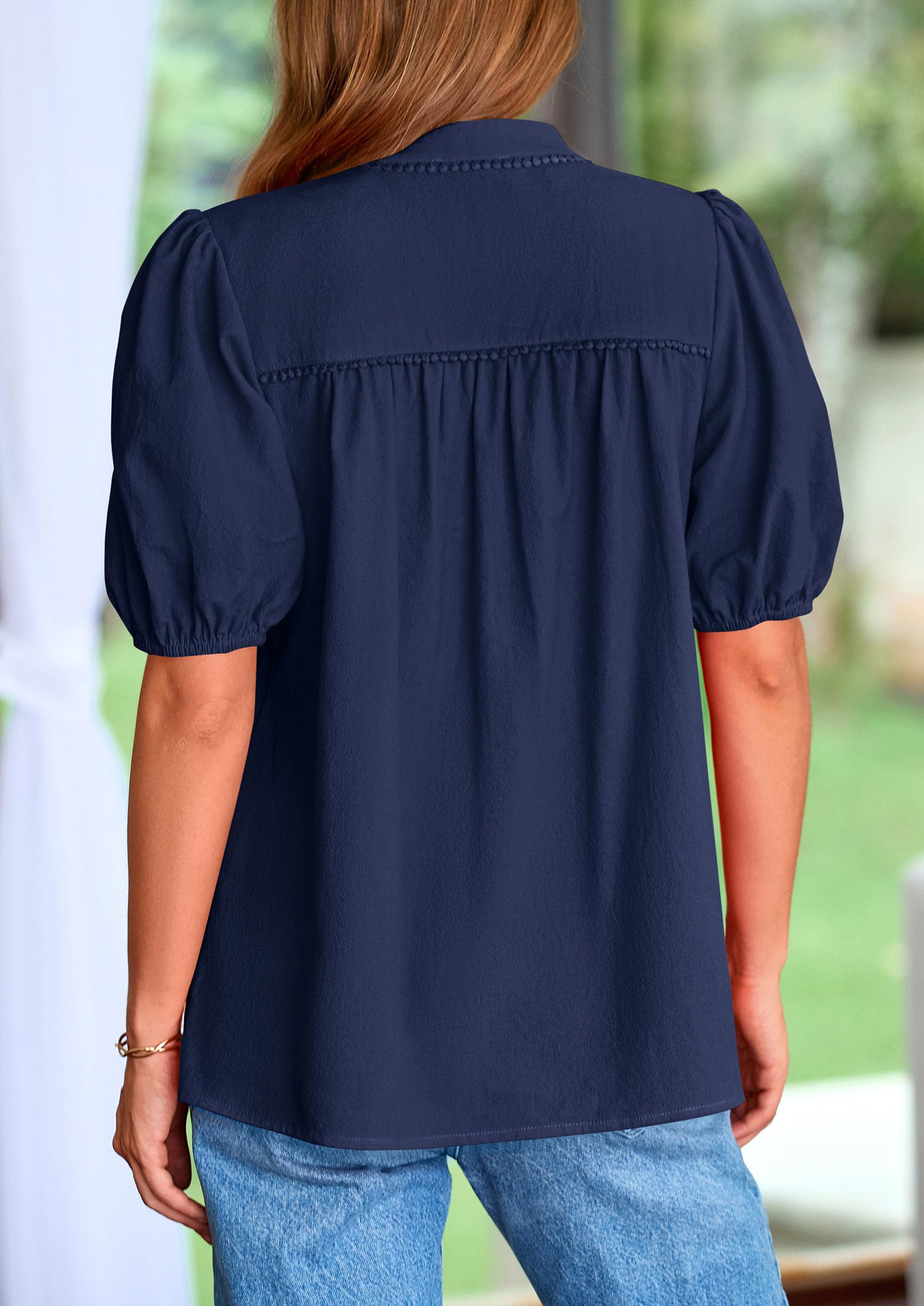 Womens Short Puff Sleeve V Neck Blouses,Navy,S