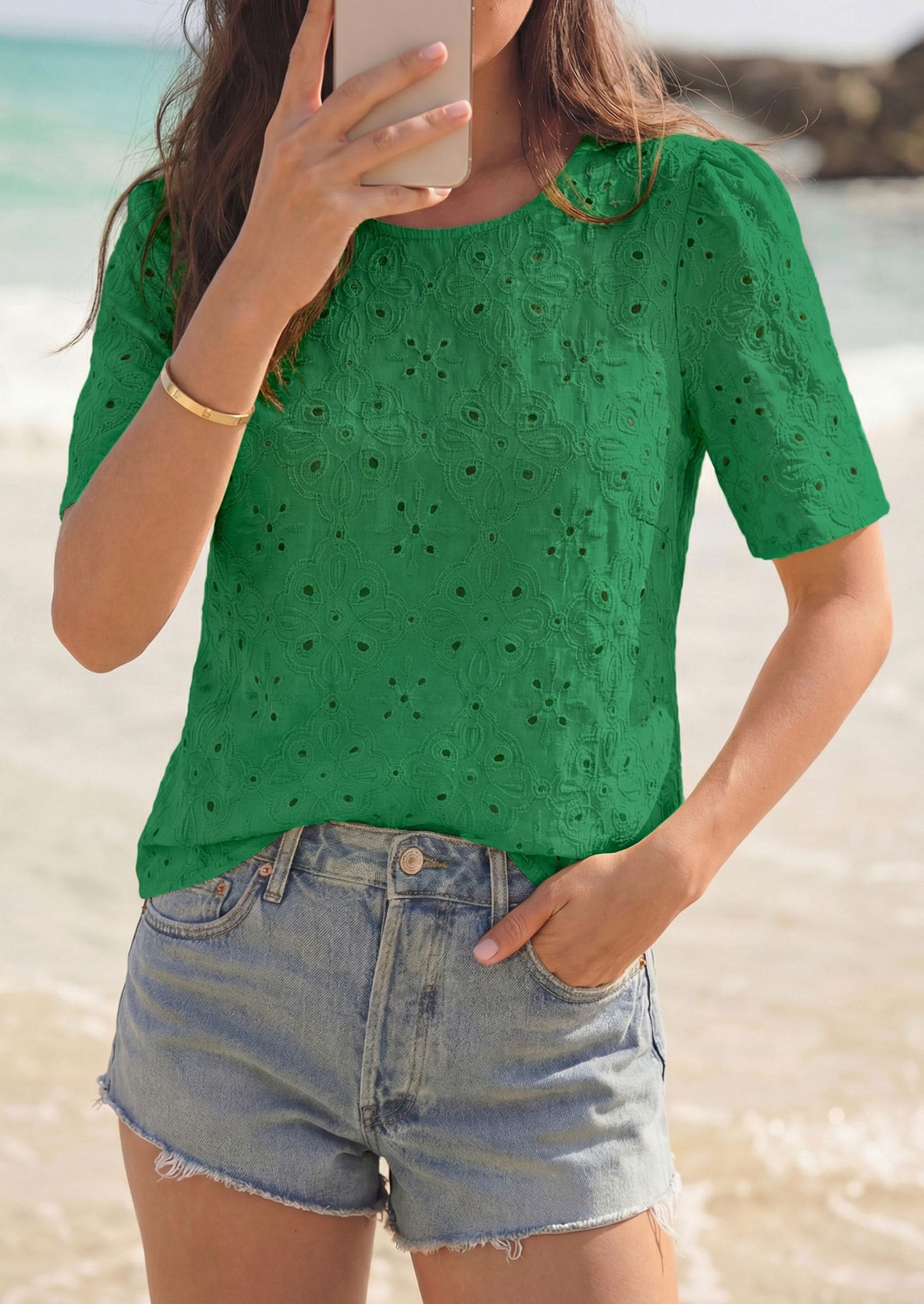 Women's Embroidered Eyelet Short Sleeve Blouse, Green,XS