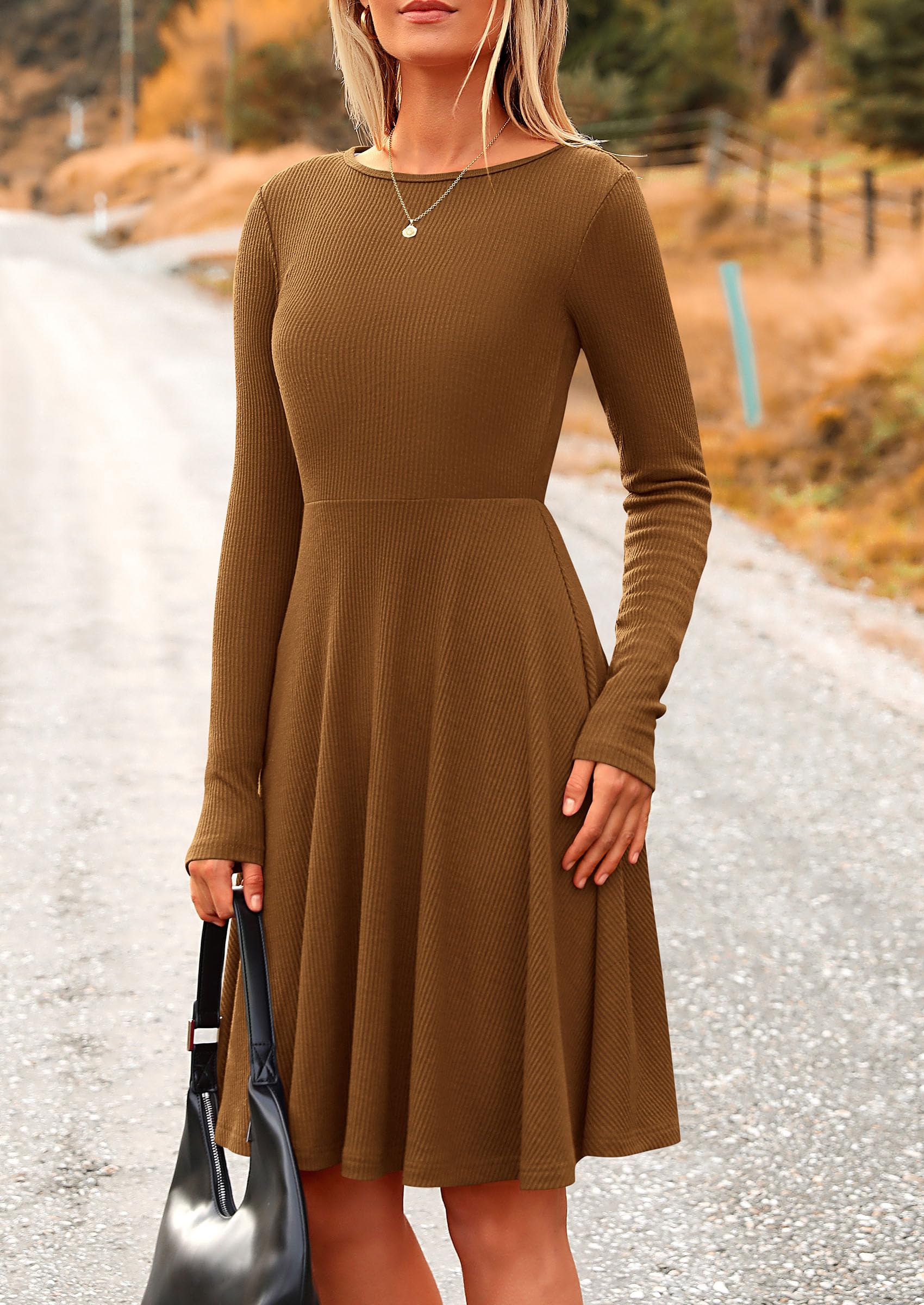 Women's Fall Casual Long Sleeve Short Dress (Brown,S)