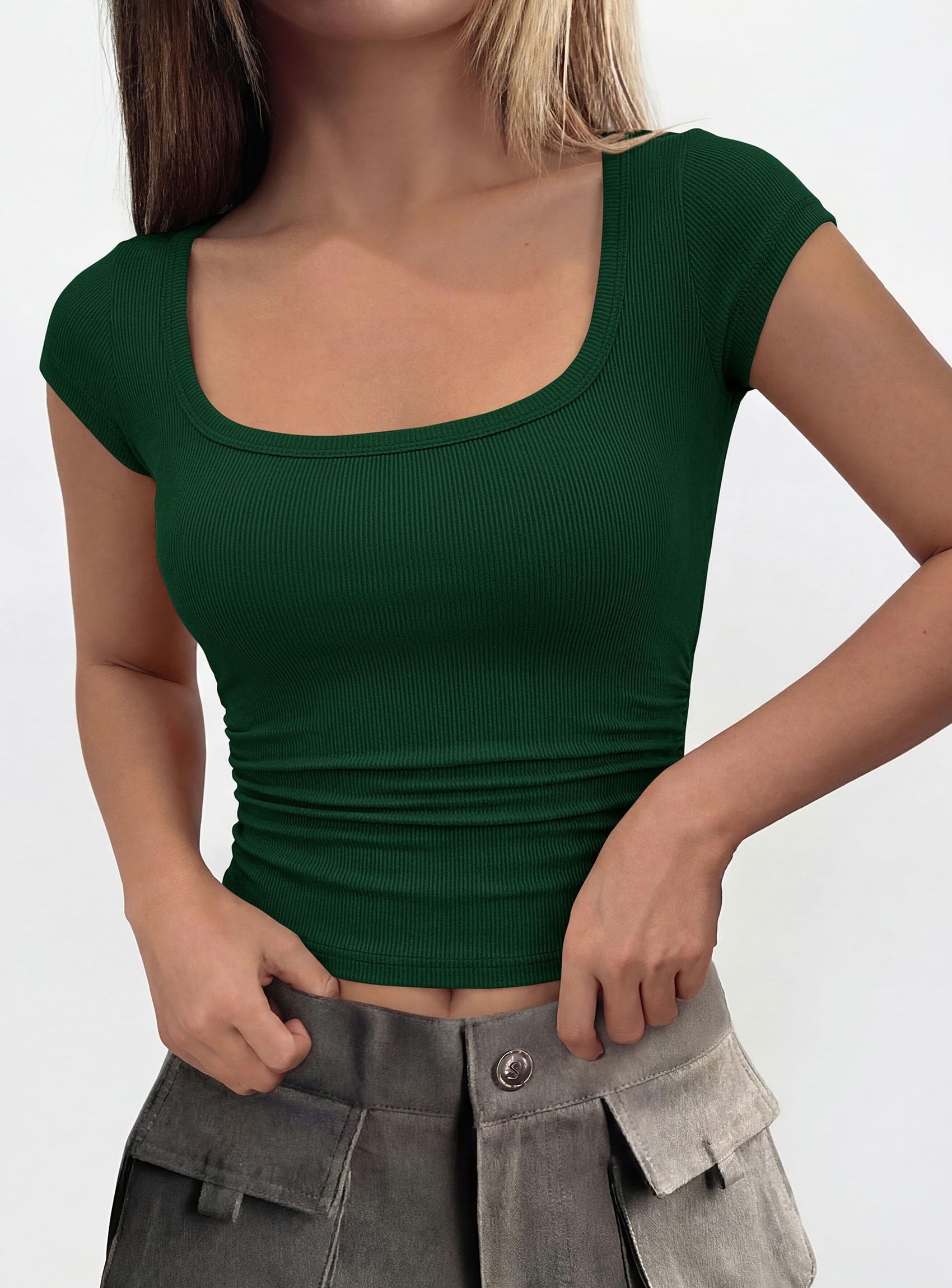 Short Sleeve Tops for Women Slim Fit T Shirts,Dark Green,S