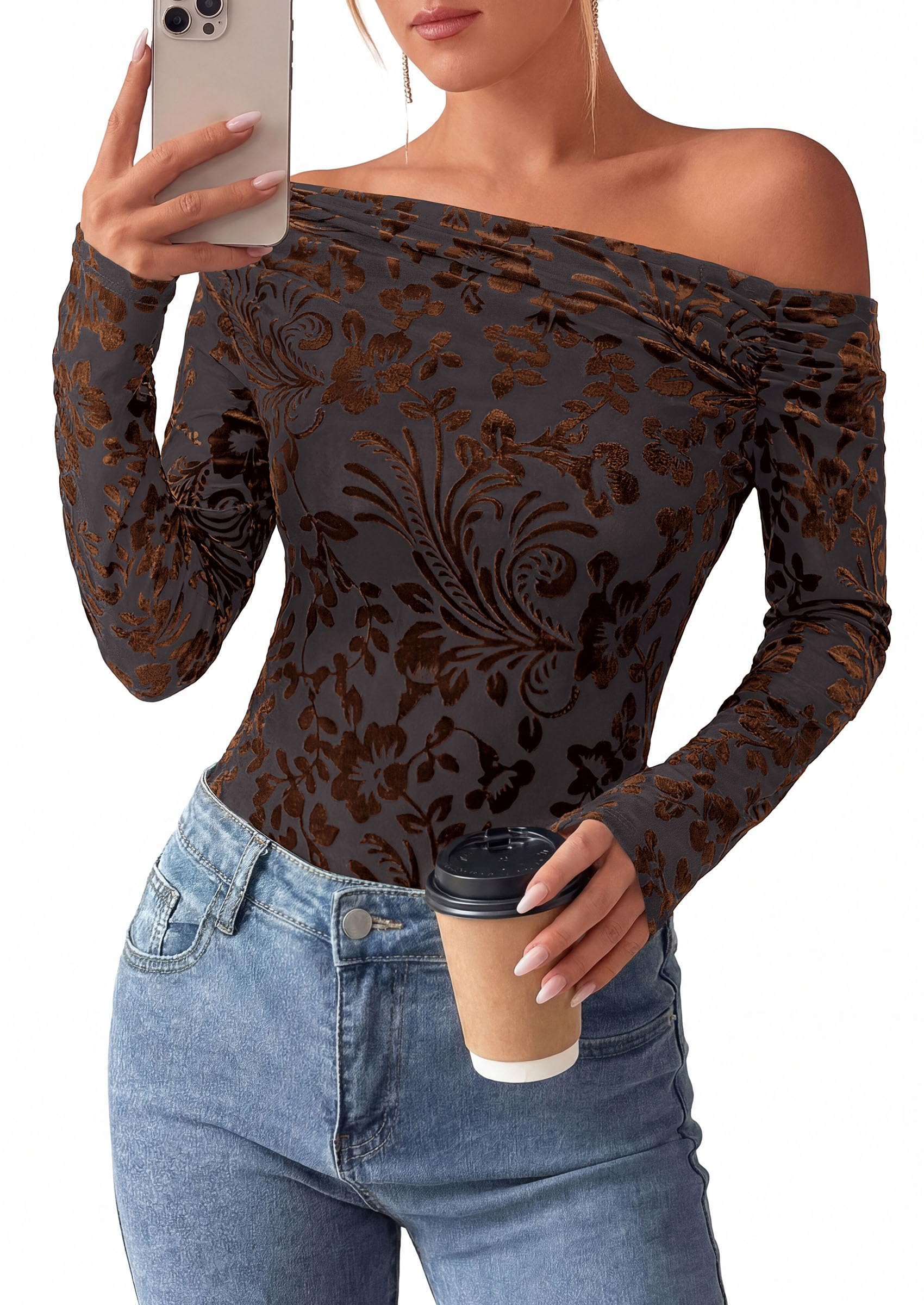 Off the Shoulder Tops for Women Fall Mesh Floral Blouses Brown