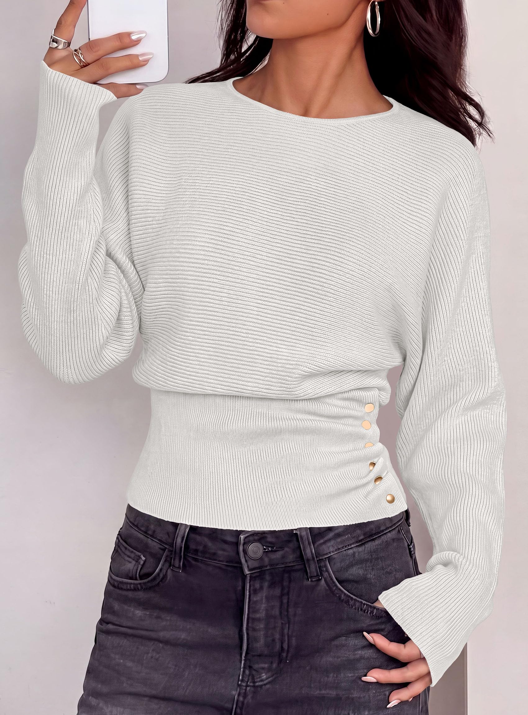 Batwing Sleeve Sweaters for Women Pullover Fall Clothes White