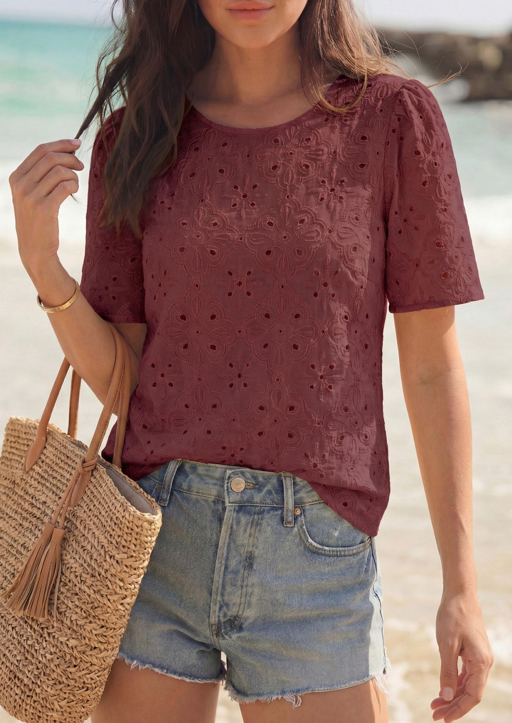Women's Embroidered Eyelet Short Sleeve Blouse, Brown Red,XS