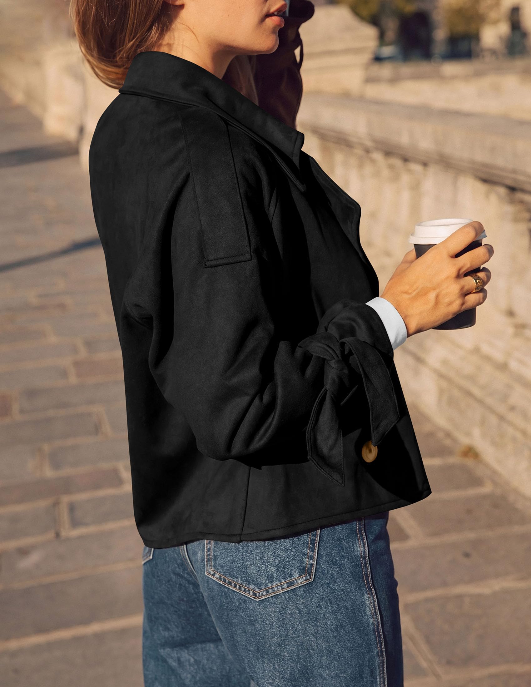 Women Faux Suede Double Breasted Trench Coat Cropped Jackets