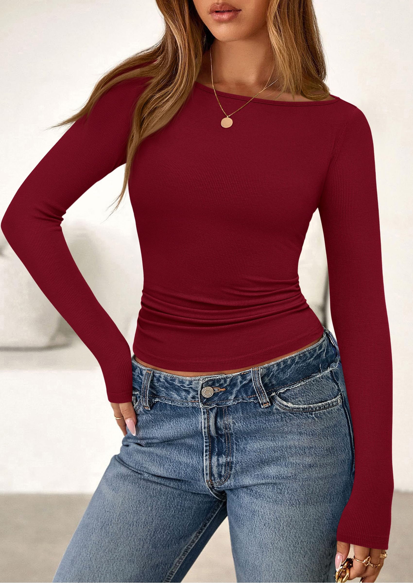 Long Sleeve T Shirts for Women Basic Ribbed Boat Neck Tops